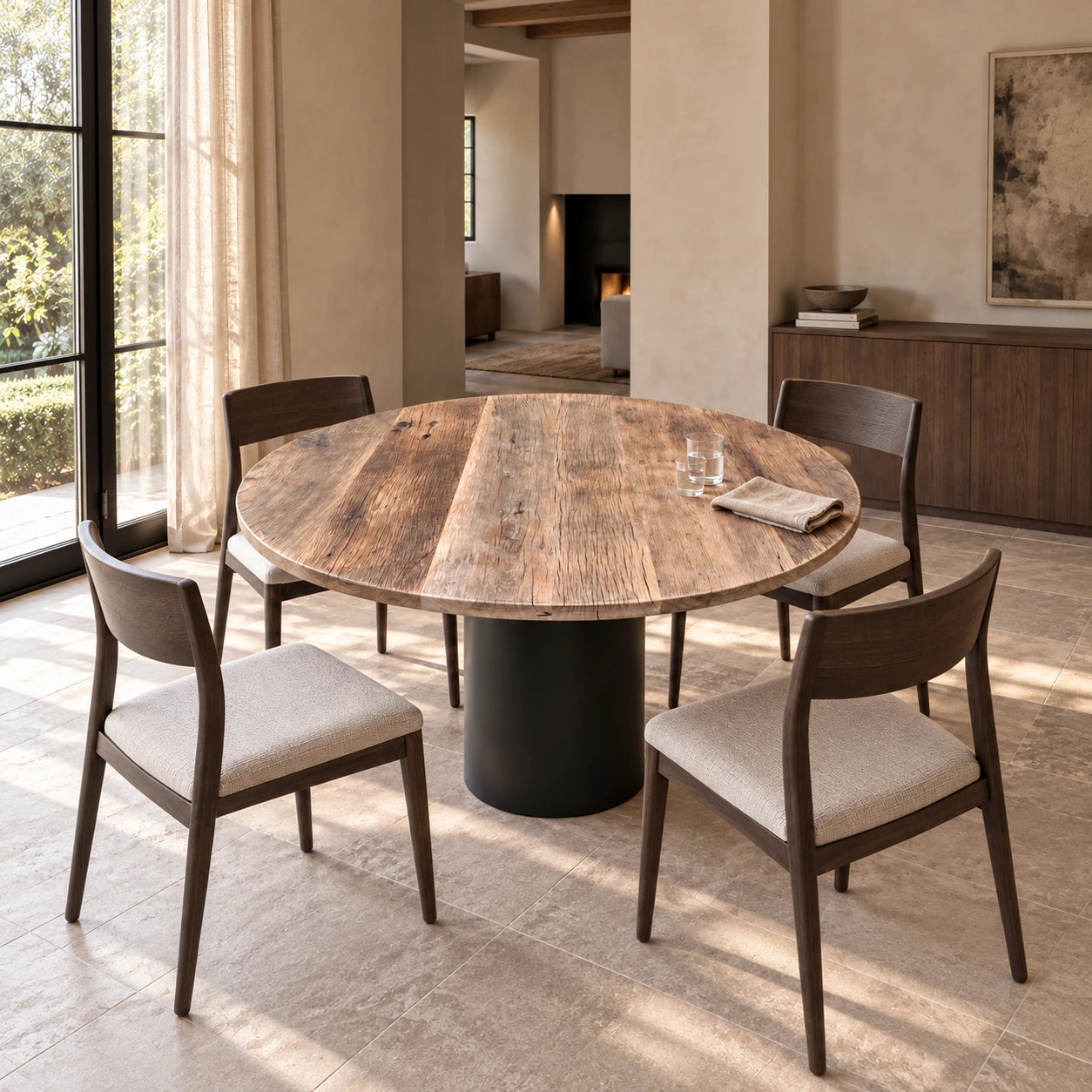 Table ronde Tondo en vieux chêne, vue de trois-quarts avec quatre chaises et un pied central sombre