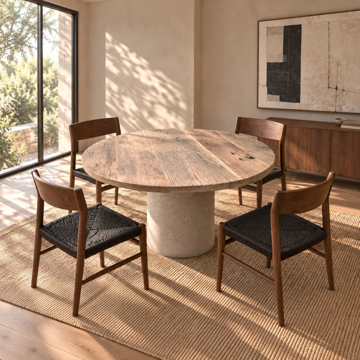 Table ronde Tondo en vieux chêne, mise en scène sur un tapis avec un pied central clair et quatre chaises