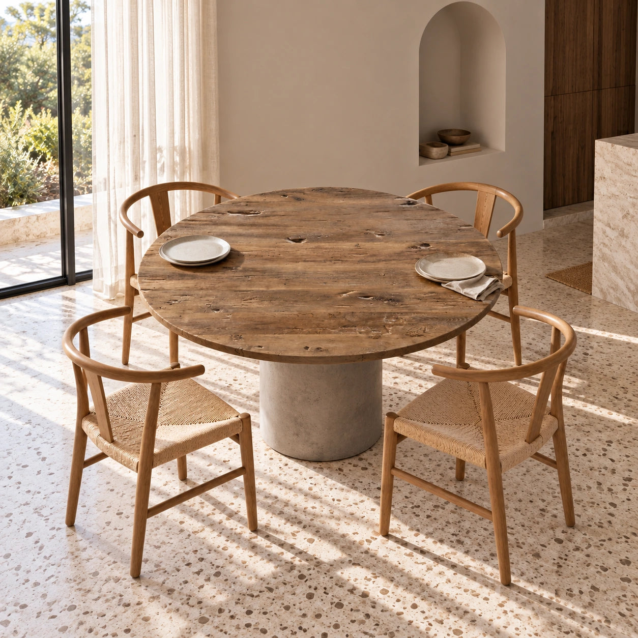 Table ronde Tondo en vieux chêne, mise en scène avec deux assiettes et quatre chaises