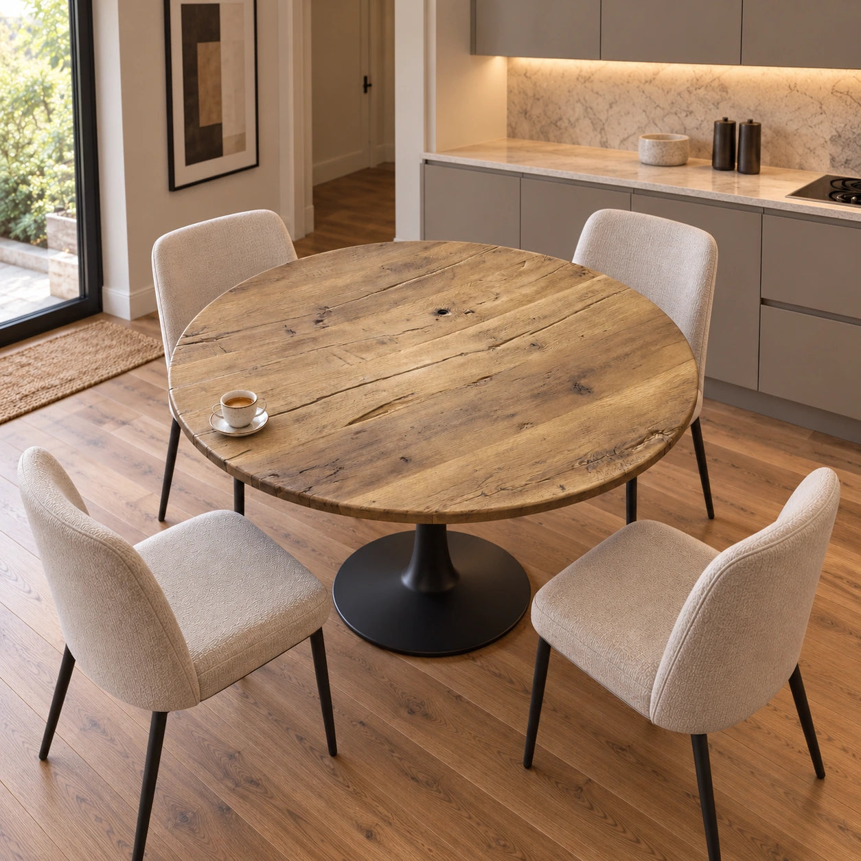 Table ronde Tondo en vieux chêne, mise en scène dans une cuisine avec quatre chaises claires