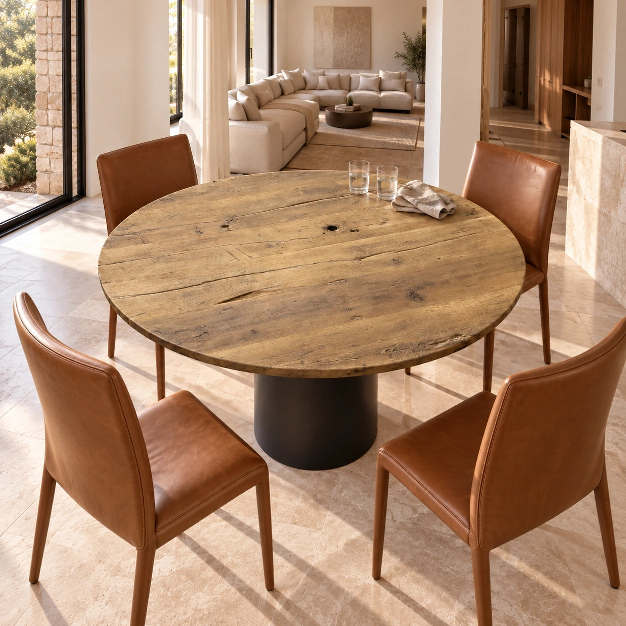Table ronde Tondo en vieux chêne, mise en scène avec quatre chaises brunes près du salon