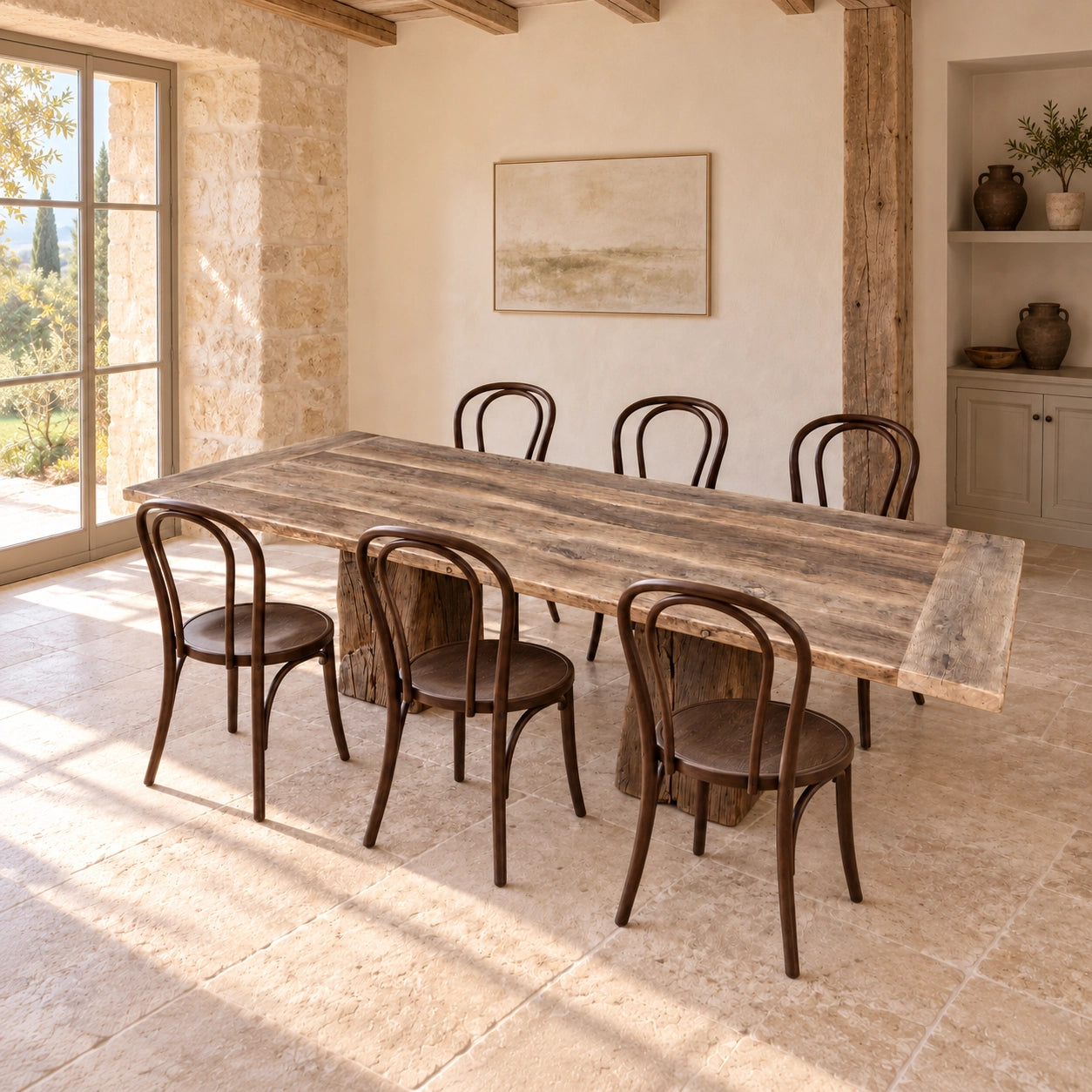 Table Moulin entourée de chaises foncées dans une pièce aux poutres apparentes