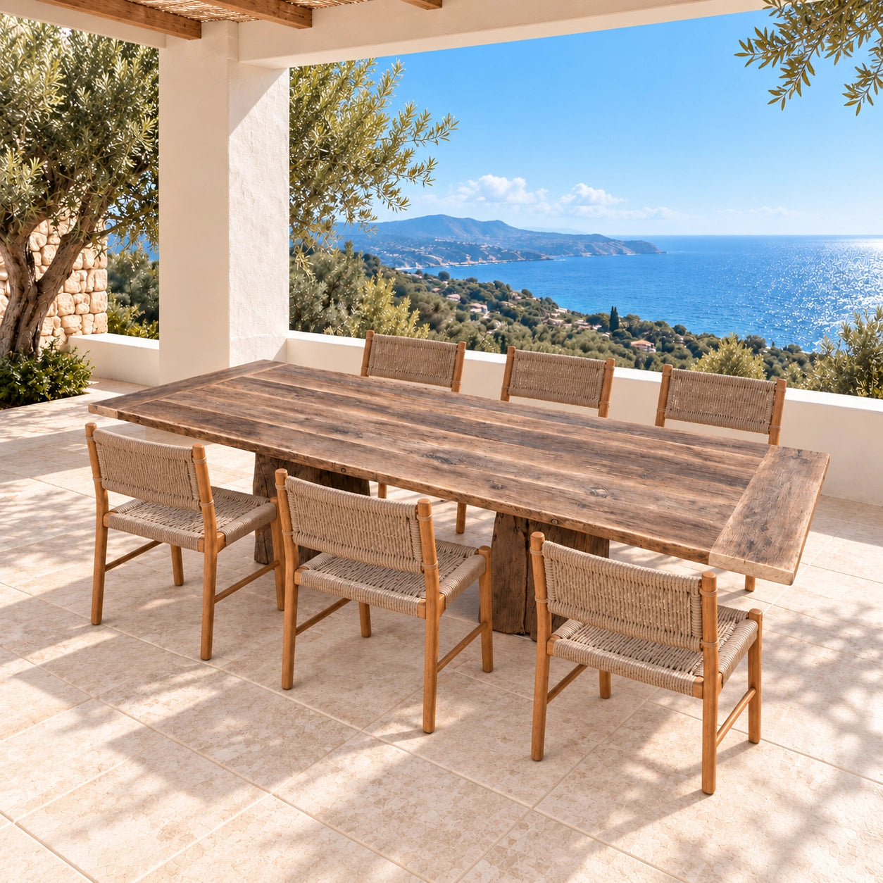 Moulin avec des chaises tressées sur une terrasse face à la mer