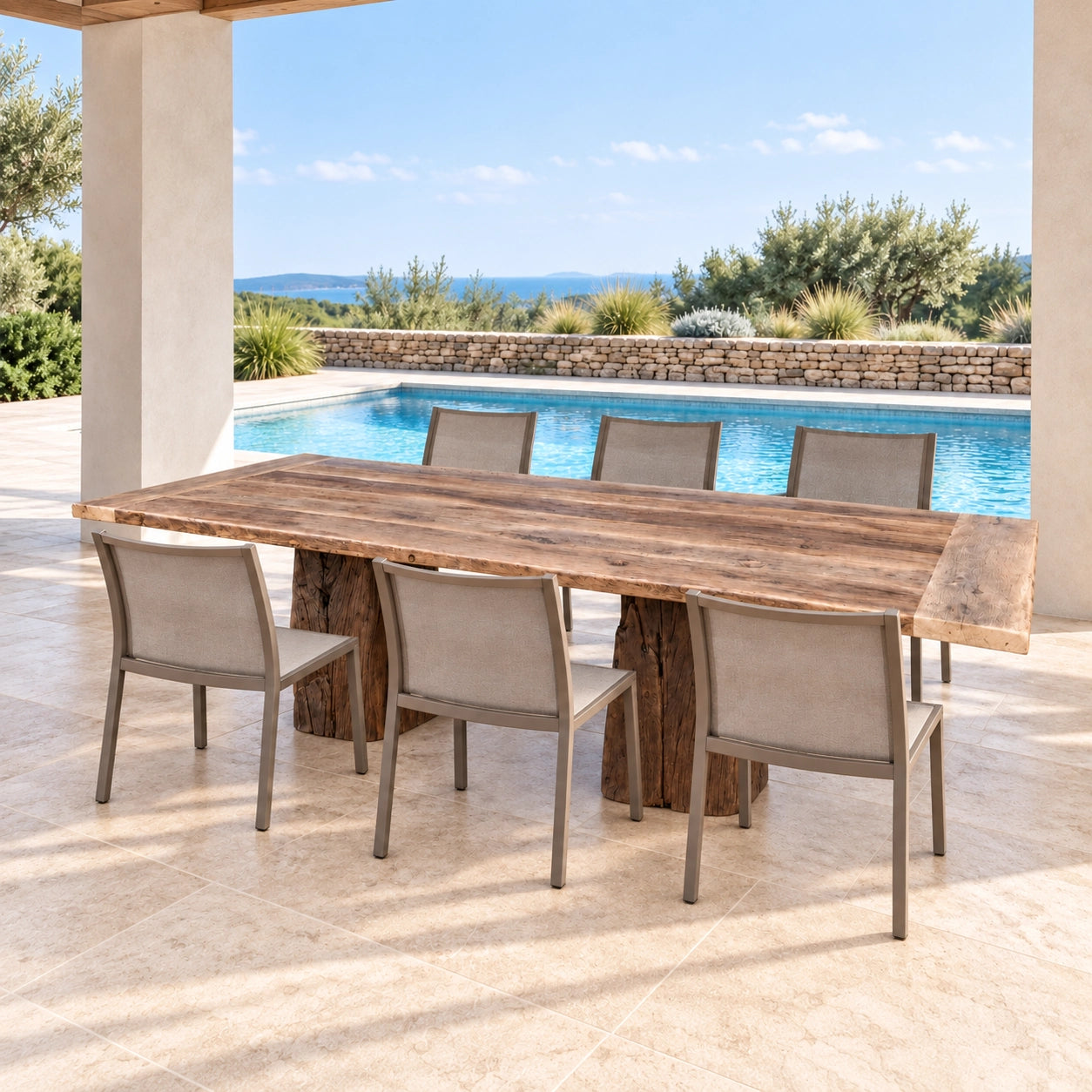 Table Moulin et chaises sur une terrasse couverte près d’une piscine