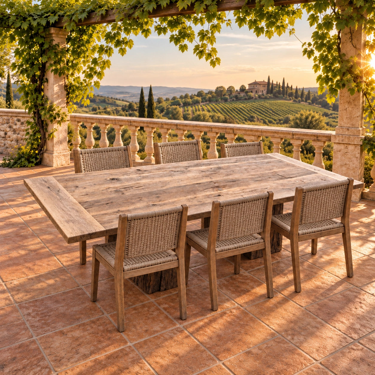 Table Moulin sous une pergola avec des vignes en arrière-plan