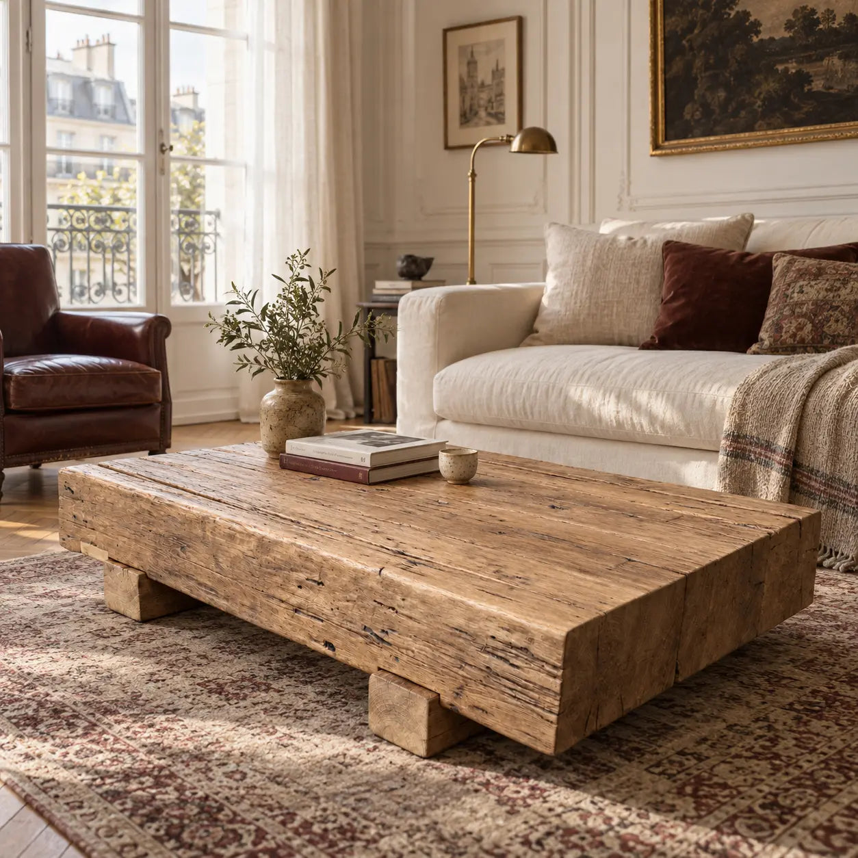 Table basse Anchor en poutres de chêne, mise en scène devant un canapé clair avec des livres.