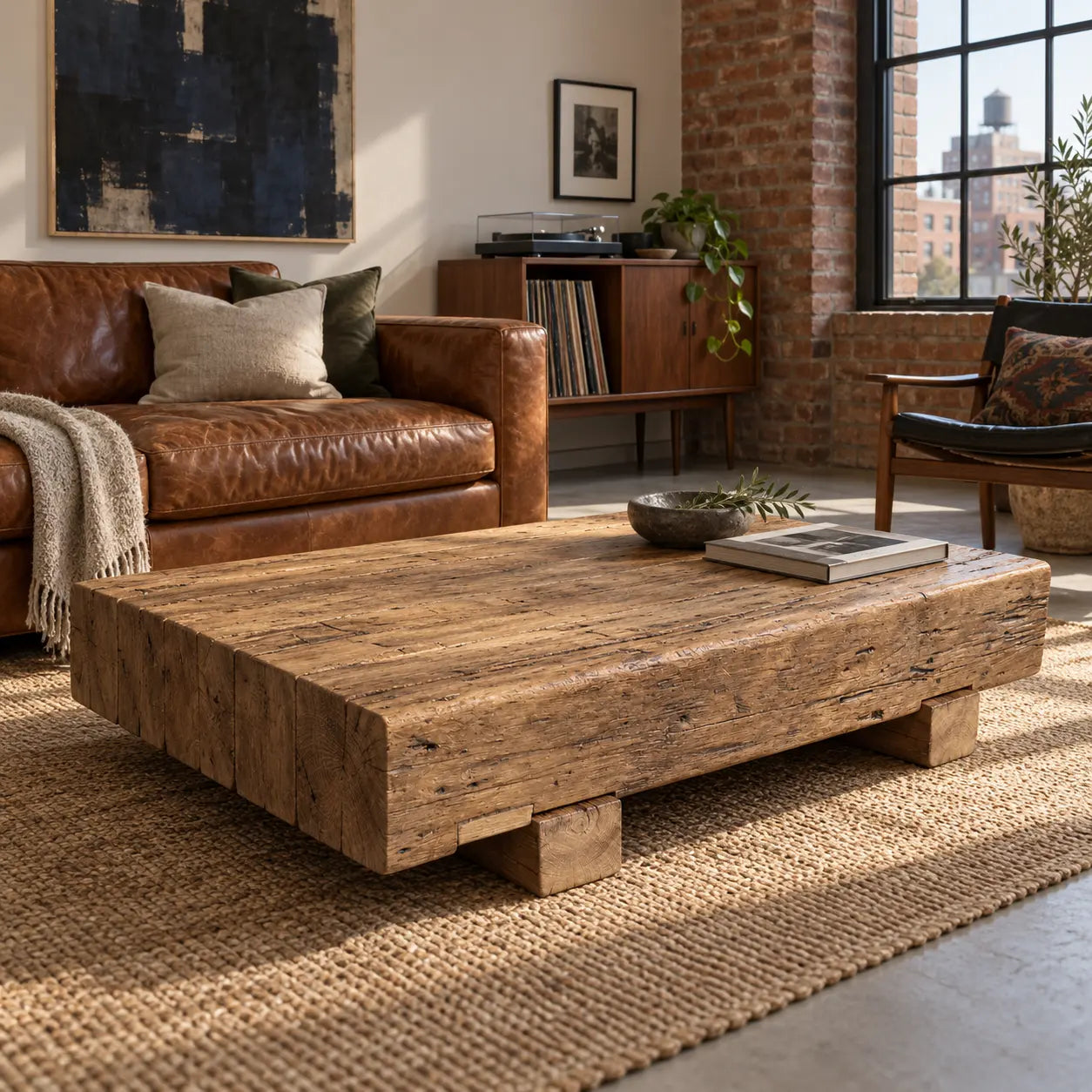 Table basse Anchor en poutres de chêne, mise en scène dans un salon avec un mur de briques.