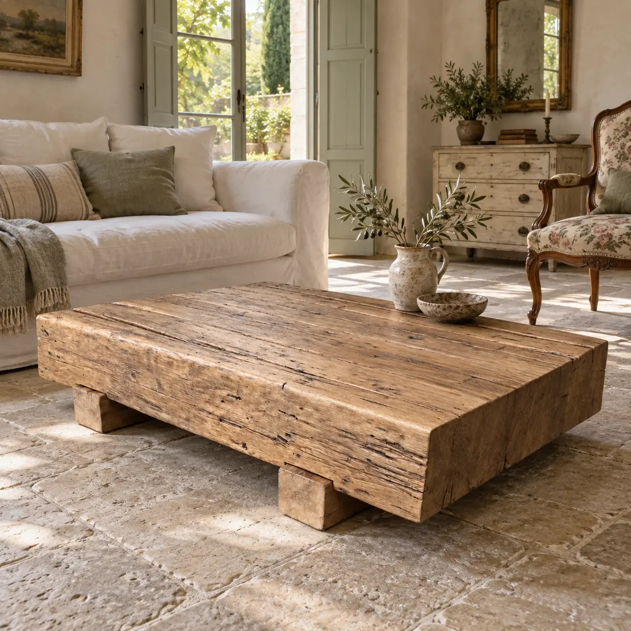 Table basse Anchor en poutres de chêne, mise en scène devant un canapé clair avec un vase.