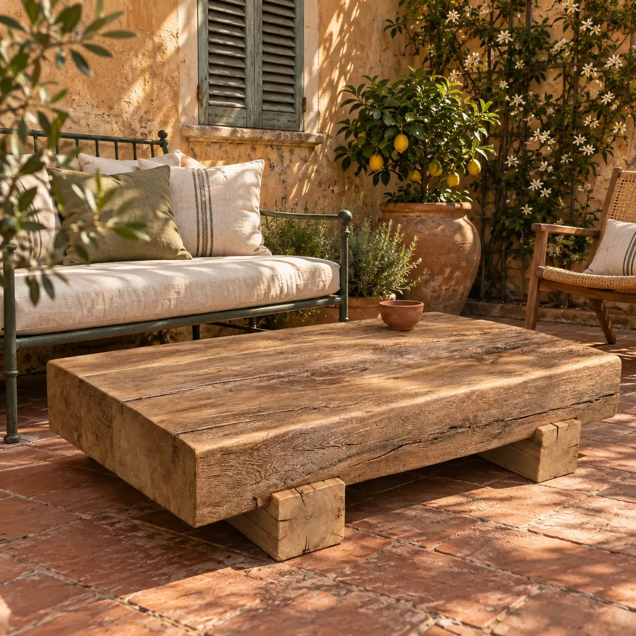 Table basse Anchor en poutres de chêne, mise en scène dans une cour avec un banc.