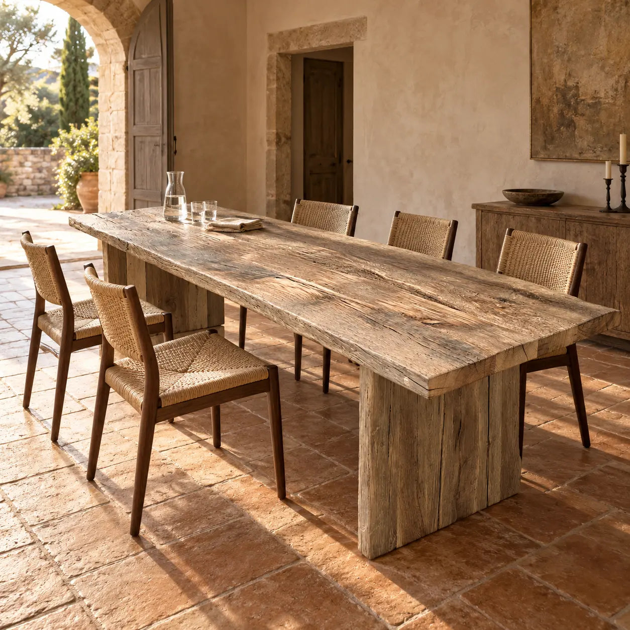 Table Bastide avec chaises en bois dans une salle à manger aux murs en pierre et au sol en terre cuite.