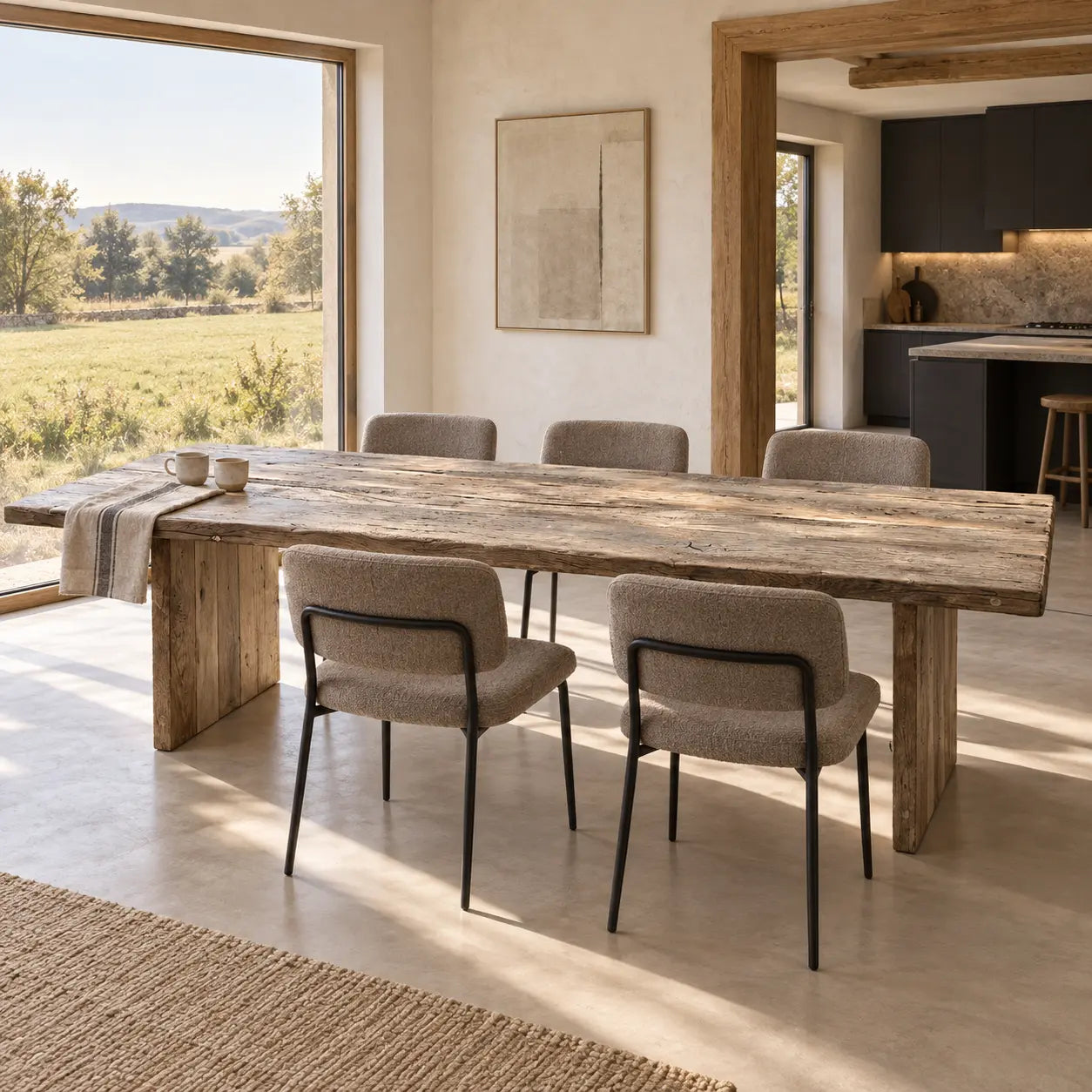 Table Bastide au plateau texturé et aux piètements pleins en bois, dans une salle à manger lumineuse.