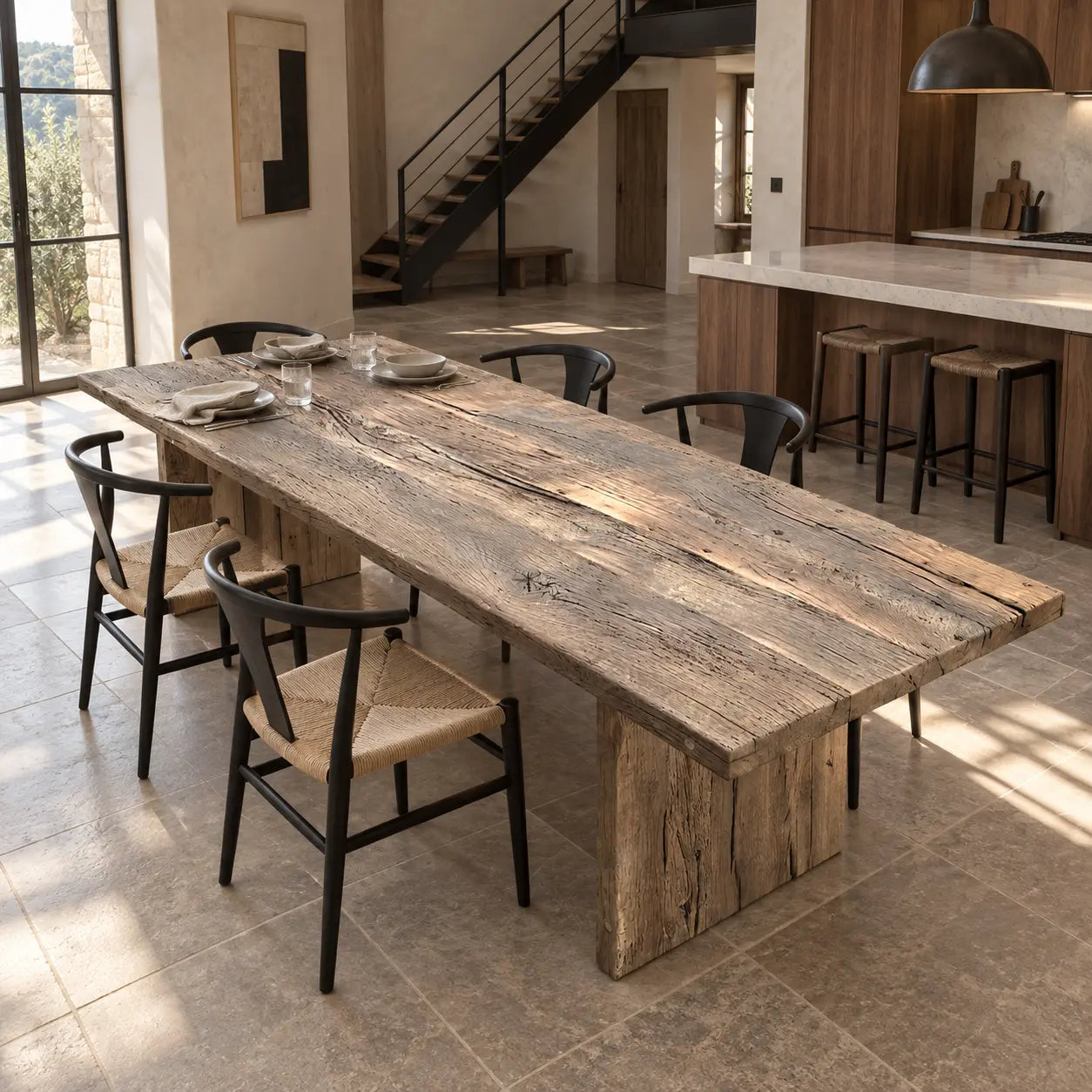 Table Bastide vue de trois quarts dans une cuisine ouverte, avec chaises noires et escalier en métal.