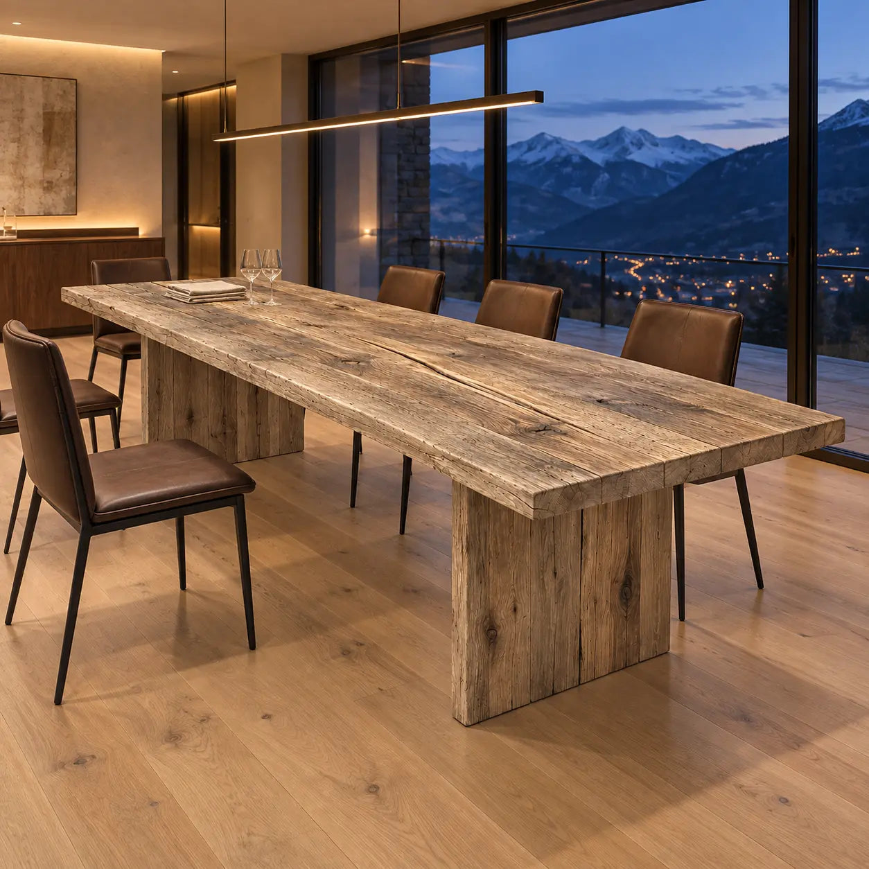 Table Bastide avec piètements pleins en bois et chaises brunes, devant une baie vitrée donnant sur les montagnes.