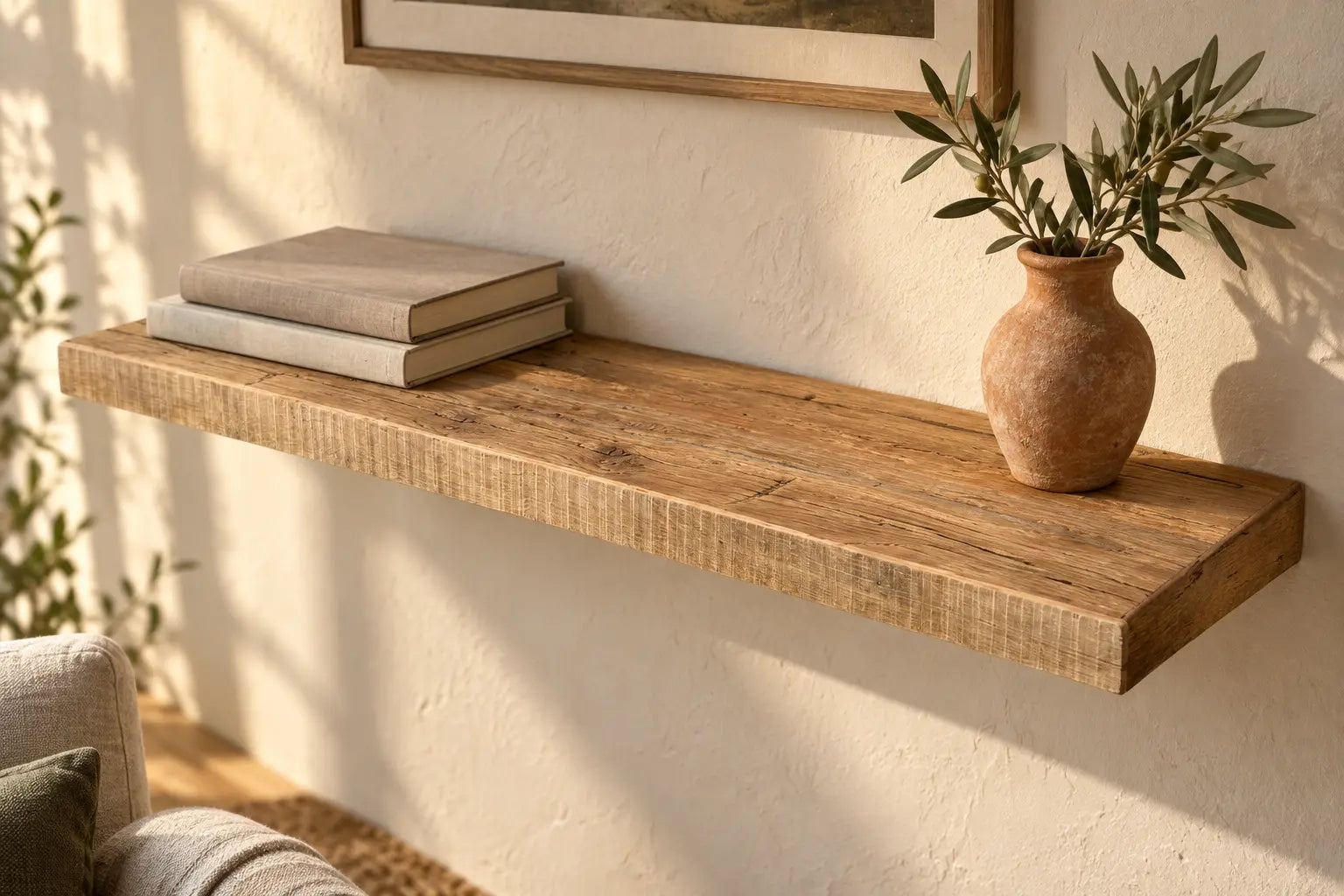 etagere rustique en bois sur un mur avec 2 livres et une vase