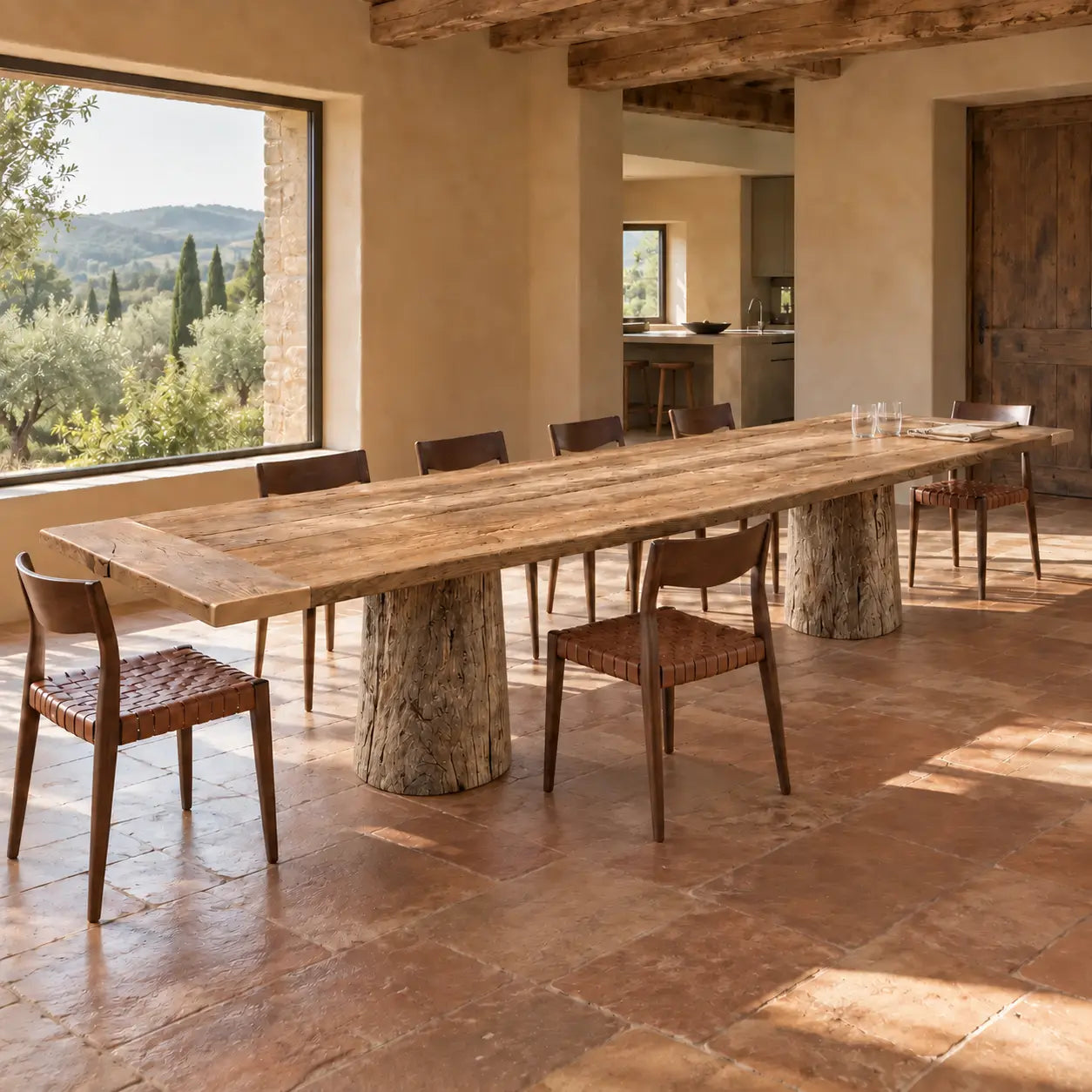 Table Moulin avec des chaises en bois, dans une pièce lumineuse au sol en terre cuite.