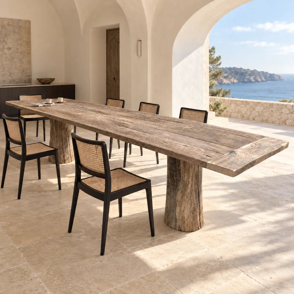 Table Moulin présentée avec des chaises à dossiers tressés, dans une pièce ouverte sur la mer par une arcade.