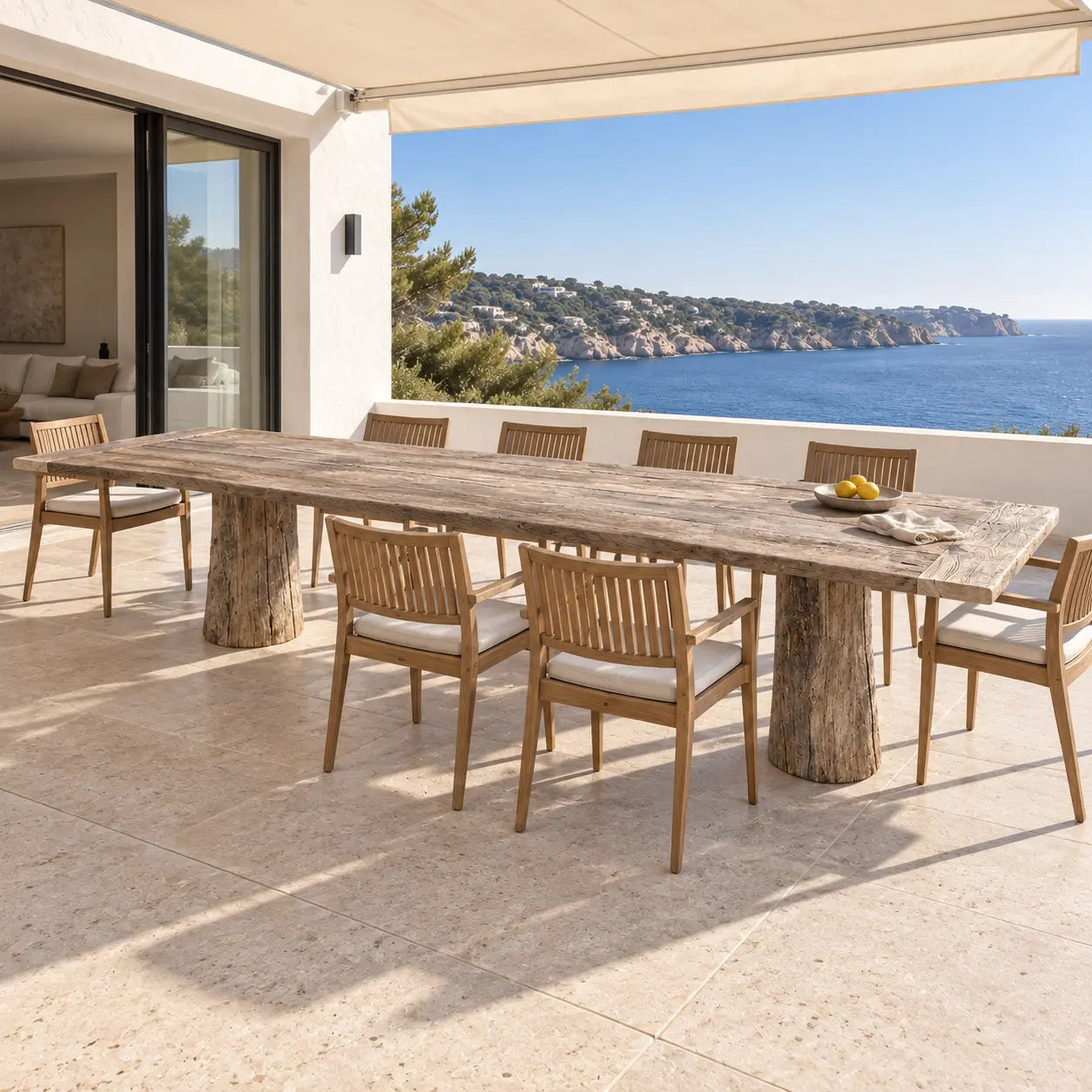 Table Moulin et chaises en bois clair sur une terrasse abritée avec vue sur la mer.