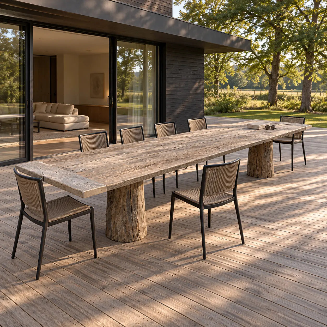 Table Moulin avec des chaises sombres sur une terrasse en bois devant une maison aux baies vitrées.