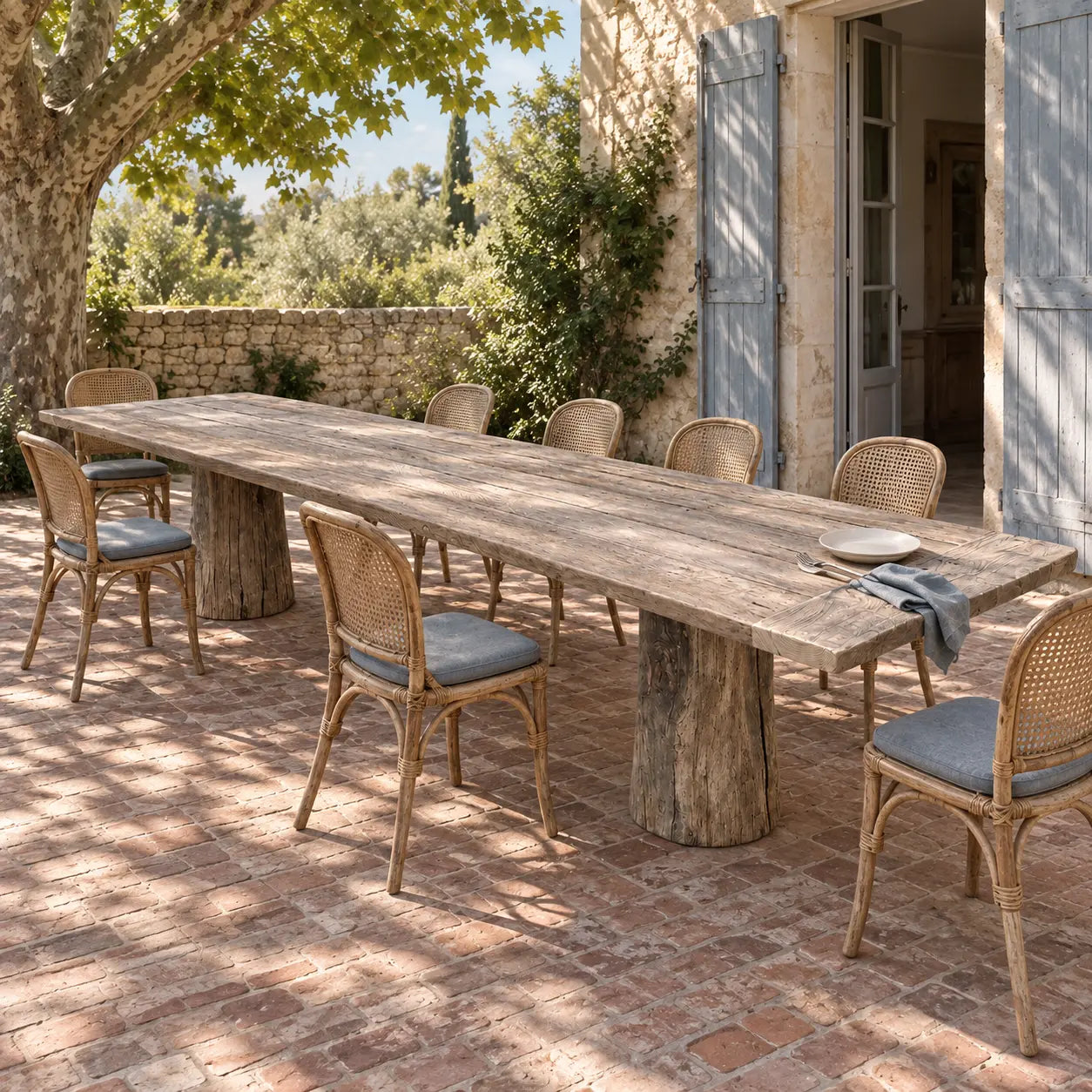 Table Moulin et chaises tressées sur une terrasse en briques, devant une façade en pierre aux volets clairs.
