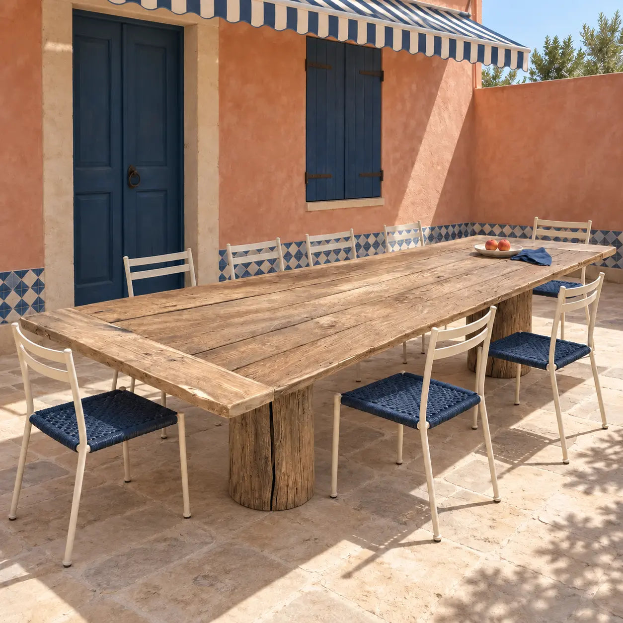 Table Moulin vue de trois quarts dans une cour aux murs orangés, avec des chaises claires aux assises bleues.