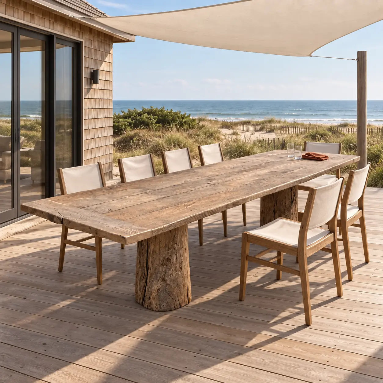 Table Moulin et chaises claires sur une terrasse en bois, sous une voile d’ombrage face aux dunes et à la mer.