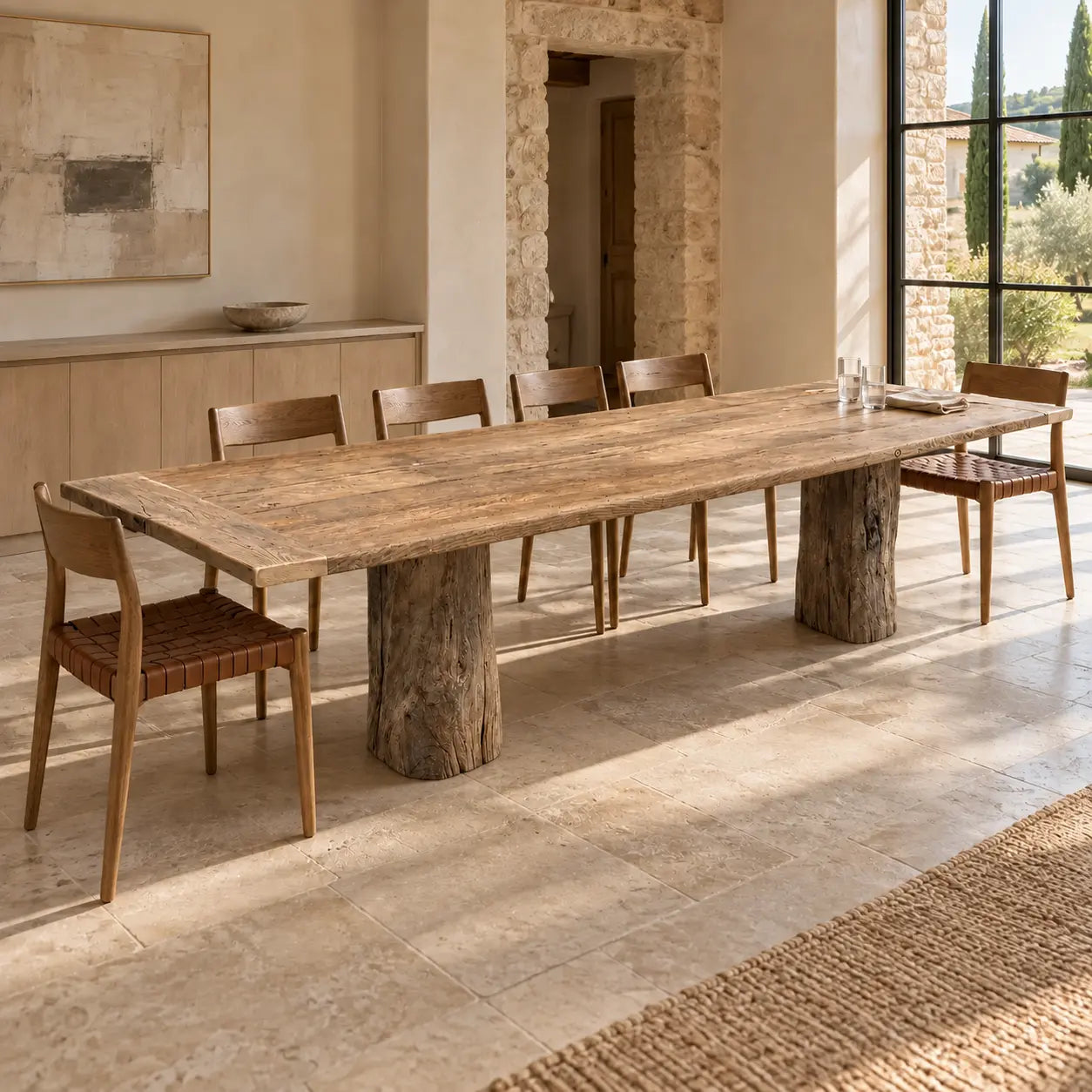Table Moulin avec des chaises en bois dans une salle à manger aux murs et au sol en pierre.