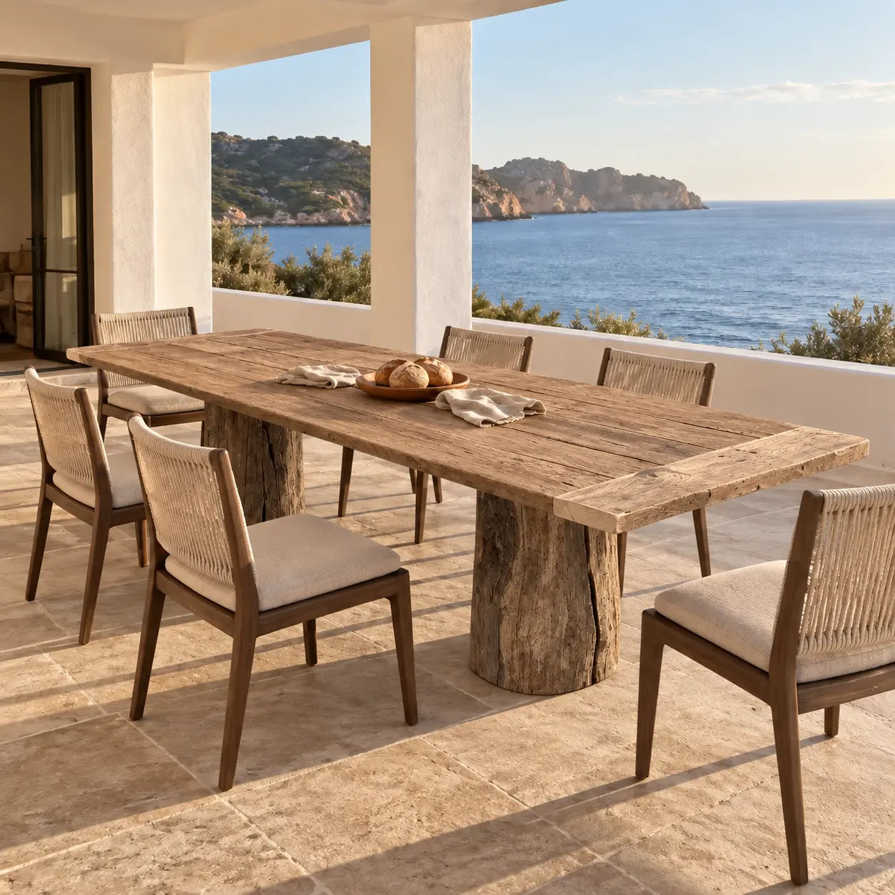 Table Moulin vue de trois quarts sur une terrasse couverte, avec des chaises claires et la mer en arrière-plan.