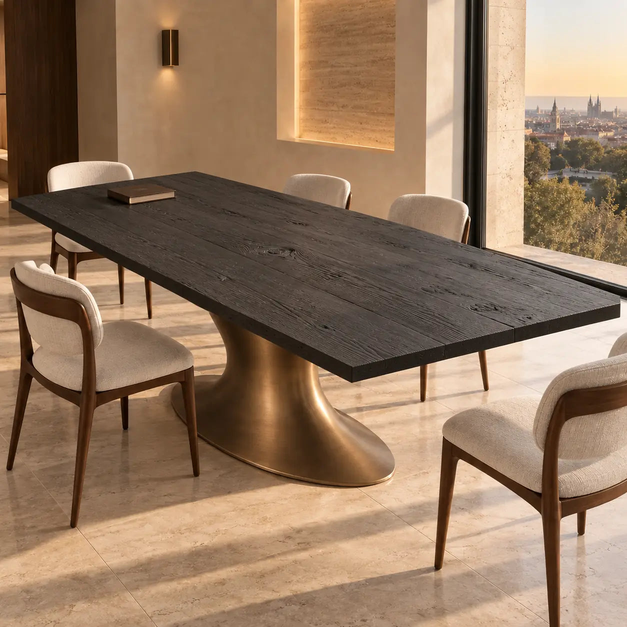 Table Zenith au plateau noir rectangulaire, présentée sur un pied central de couleur dorée avec des chaises claires.