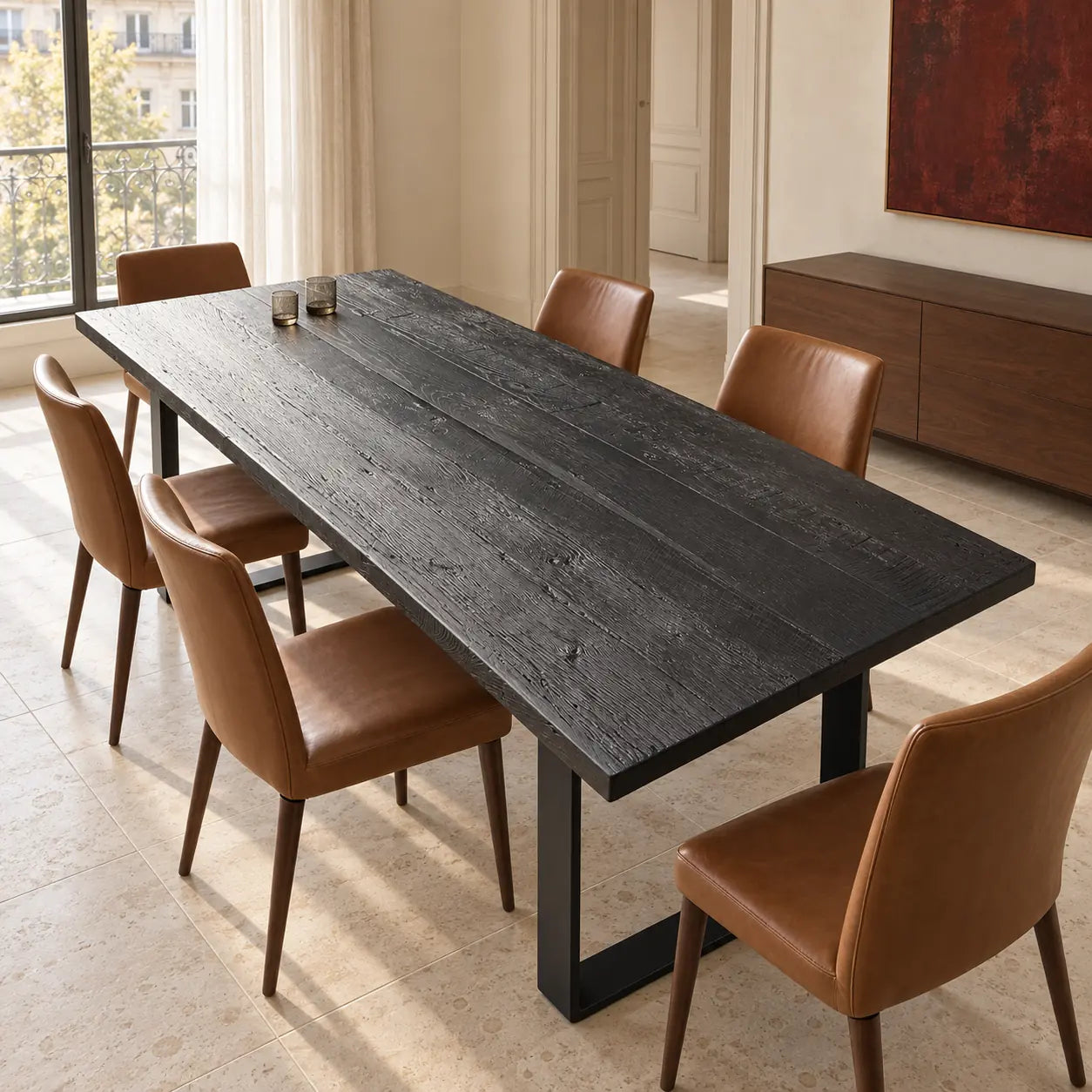 Table Zenith noire vue de trois quarts, entourée de chaises brunes dans un appartement lumineux.