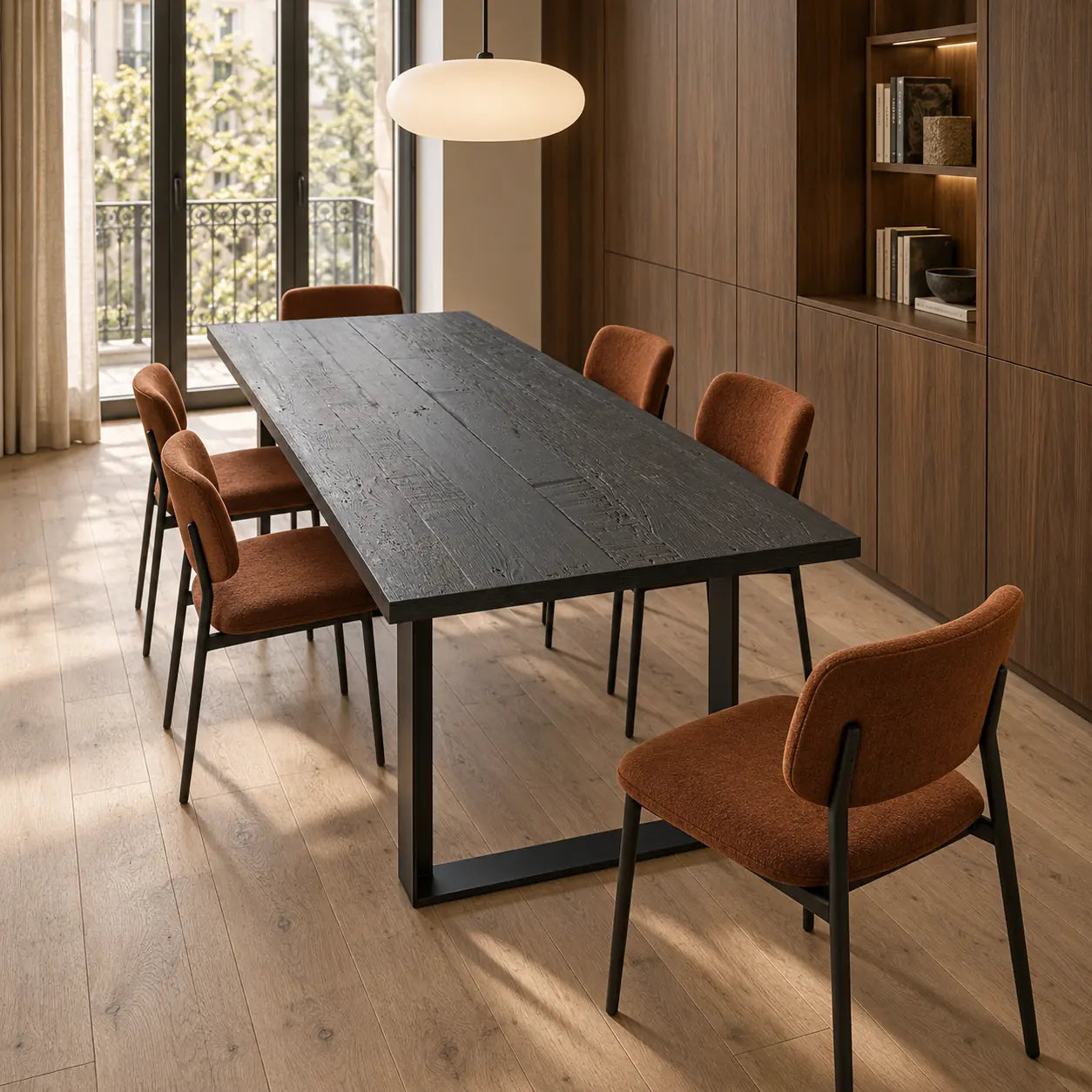 Table Zenith noire avec piètements en U et chaises brun orangé, dans une pièce au mobilier en bois.