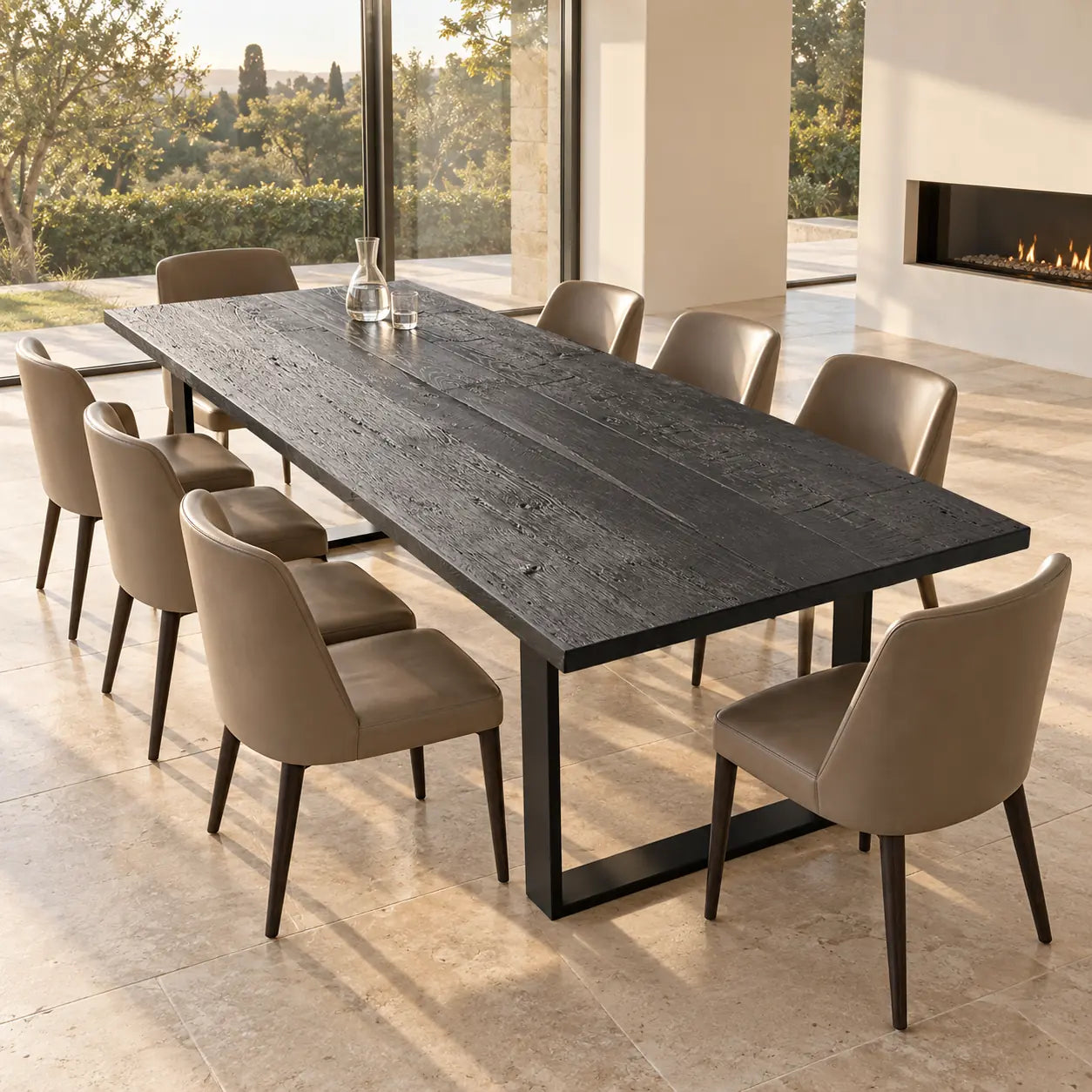 Table Zenith noire rectangulaire avec piètements en U et chaises claires, devant une baie vitrée.