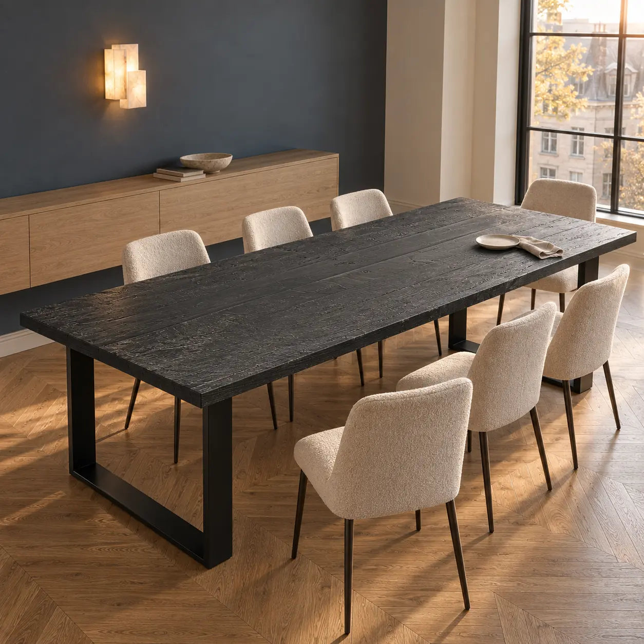 Table Zenith noire au grain apparent, avec chaises claires et buffet en bois dans une salle à manger.