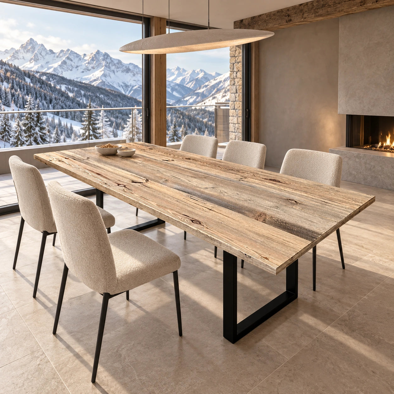 Table Alpine au grain apparent, avec chaises claires et vue sur des montagnes enneigées.