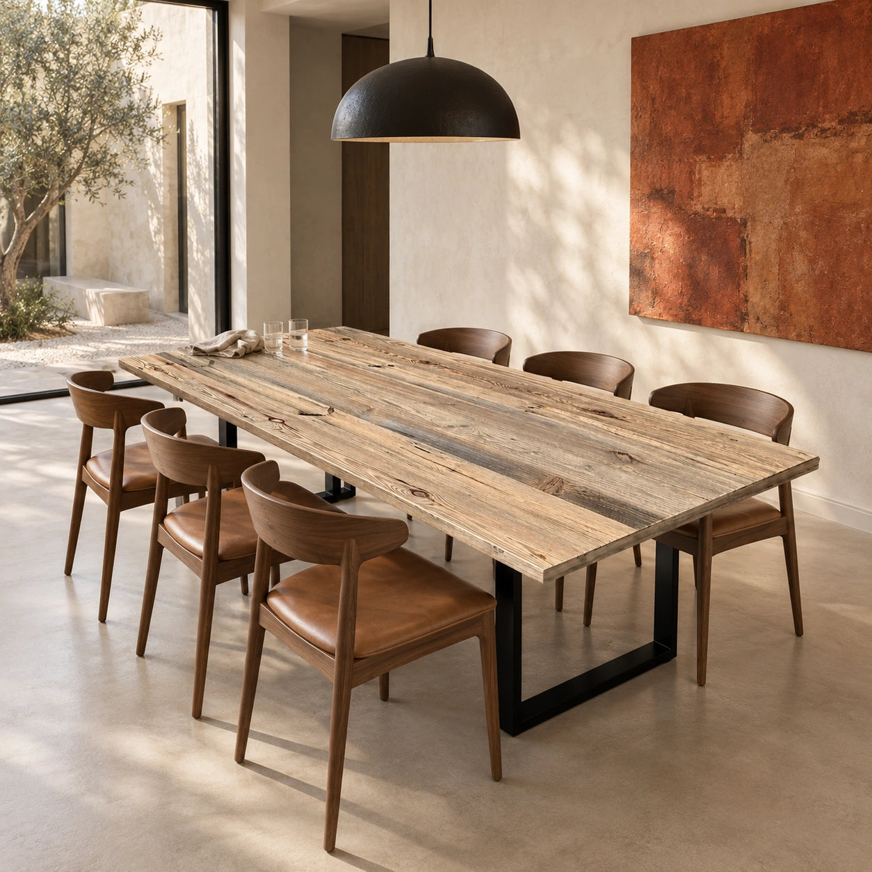 Table Alpine avec chaises en bois et piètements noirs, sous une suspension noire dans un intérieur lumineux.