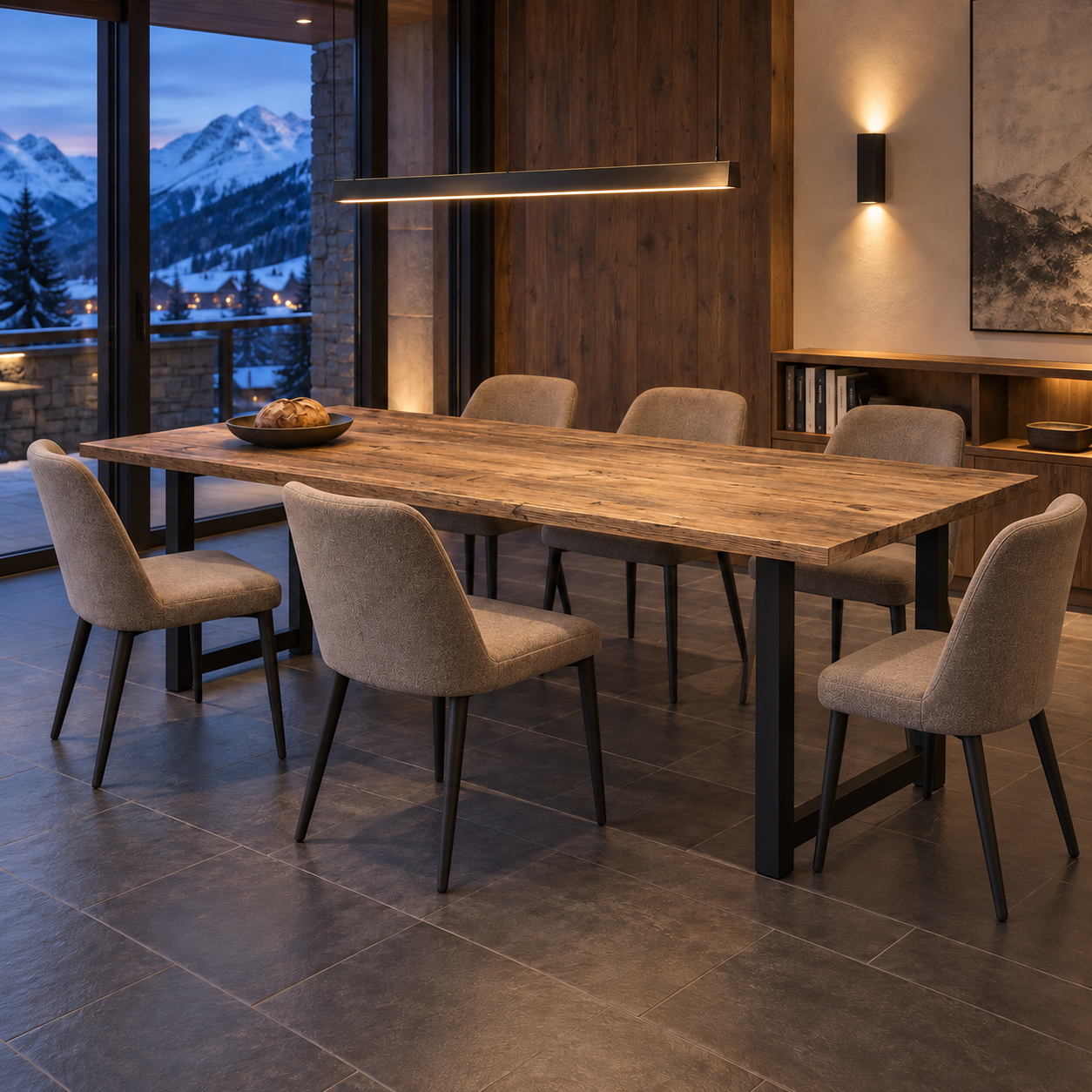 Table Alpine entourée de chaises claires sous une suspension, devant une baie vitrée donnant sur les montagnes.