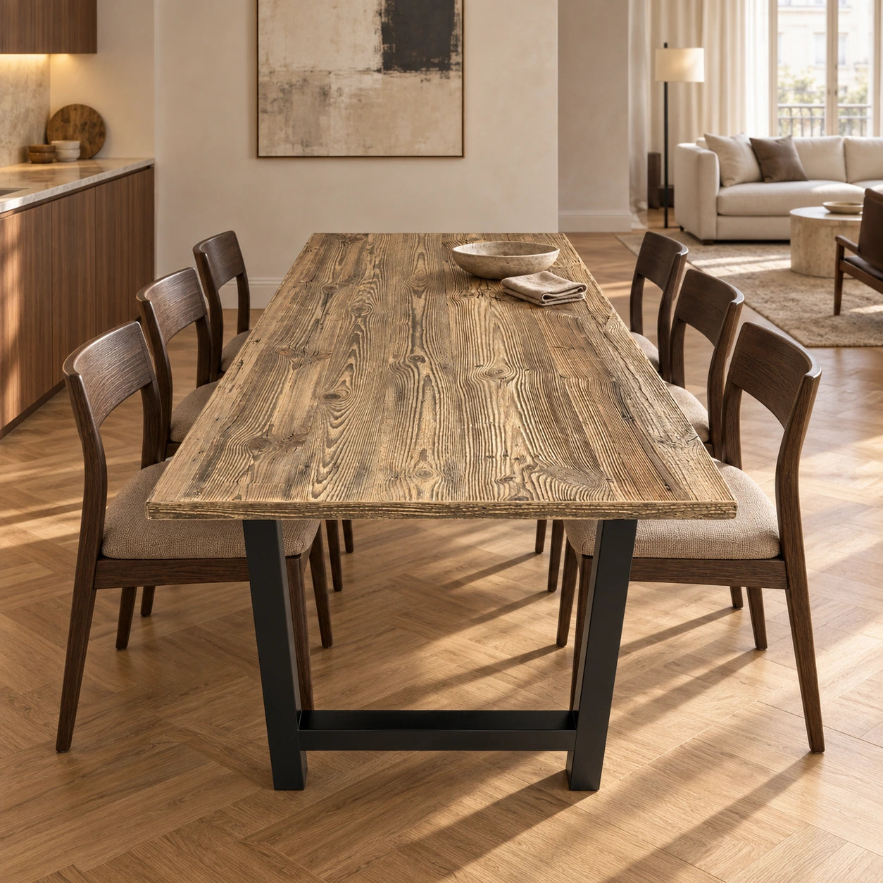 Table Alpine vue depuis une extrémité, avec piètements noirs et chaises en bois dans une pièce lumineuse.