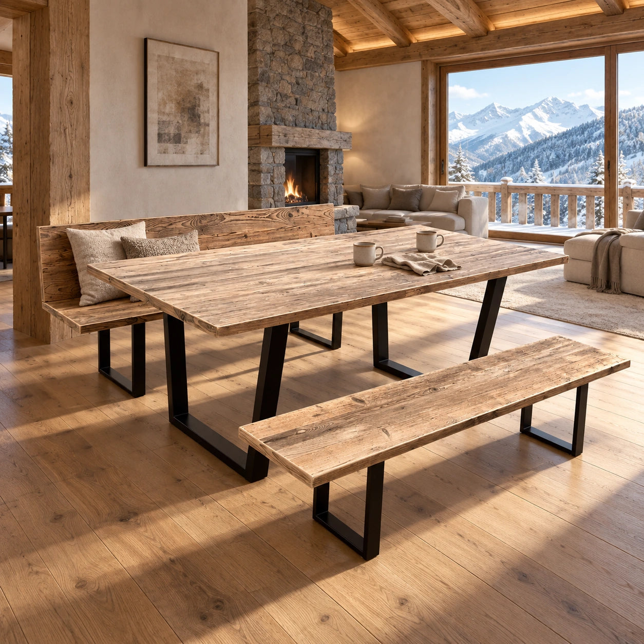 Table Alpine avec piètements noirs, présentée avec deux bancs dans une pièce aux poutres apparentes.