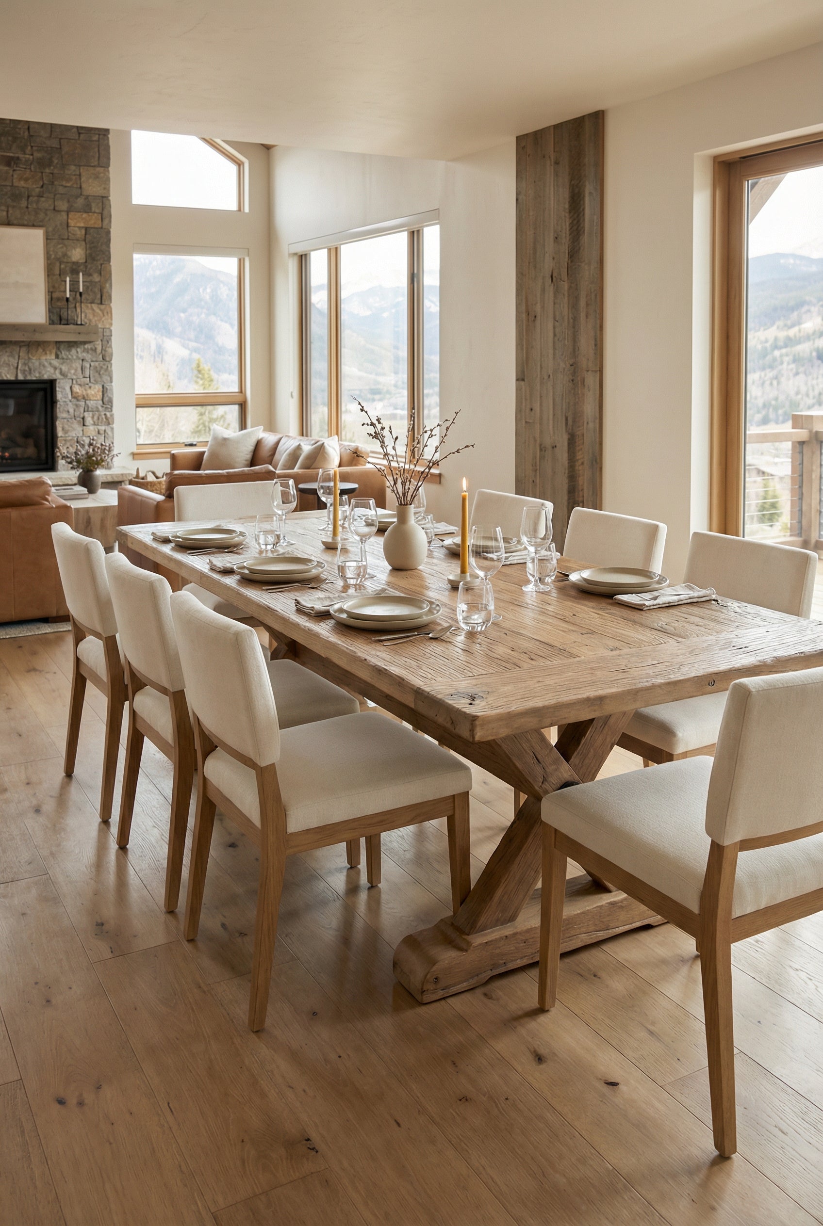 une table rustique en bois massif dans un séjour avec des chases et assiettes