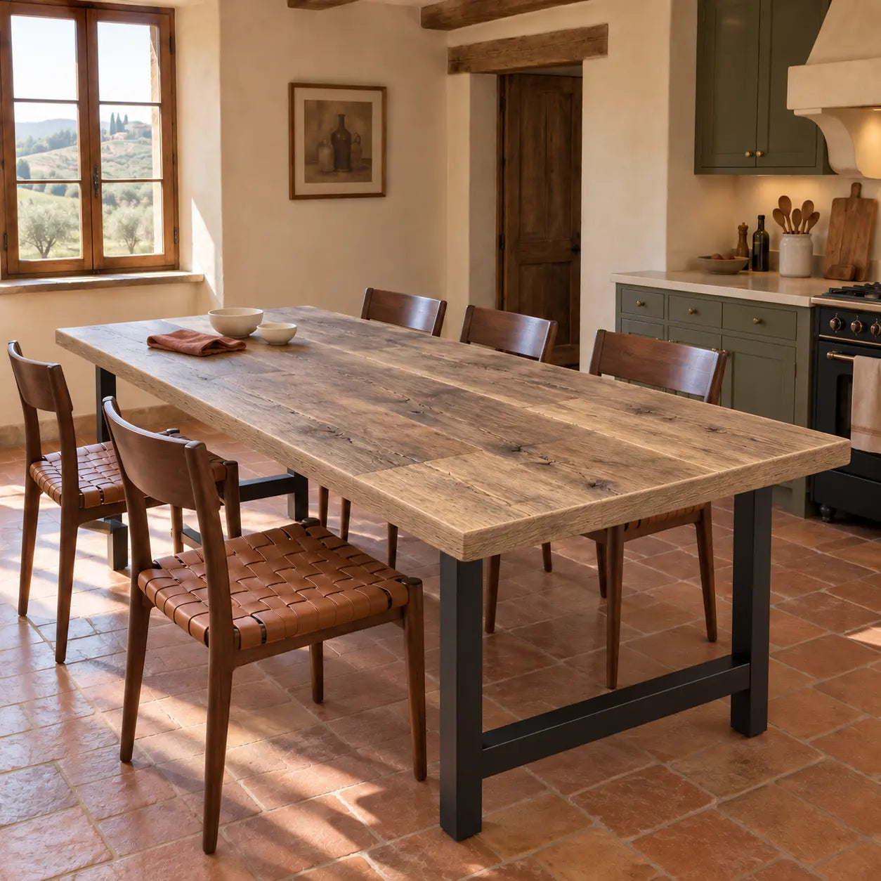 Table Toscane avec piètements en U et chaises en bois dans une cuisine au sol en terre cuite.