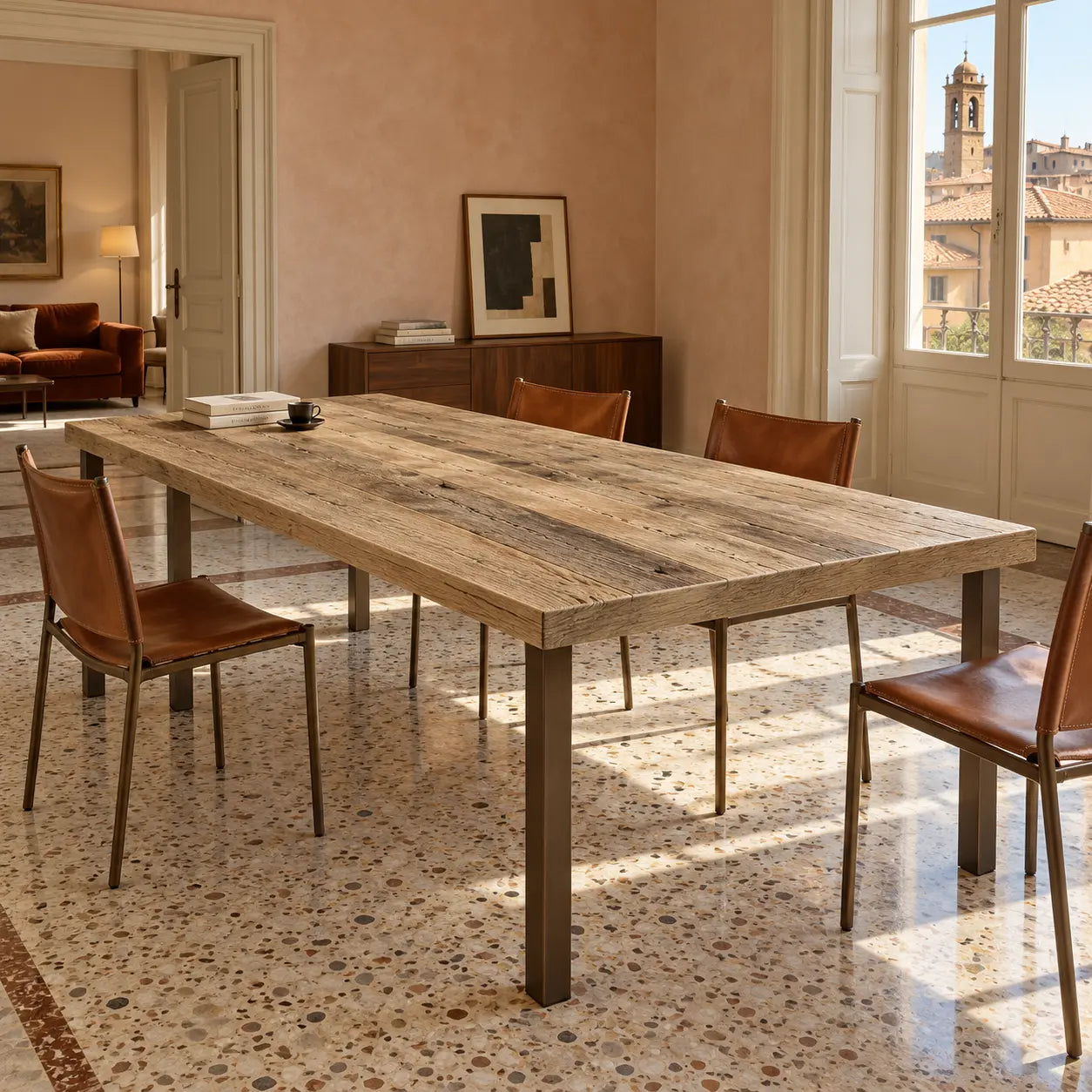 Table Toscane vue de trois quarts dans une pièce lumineuse, avec piètements droits et chaises brunes.