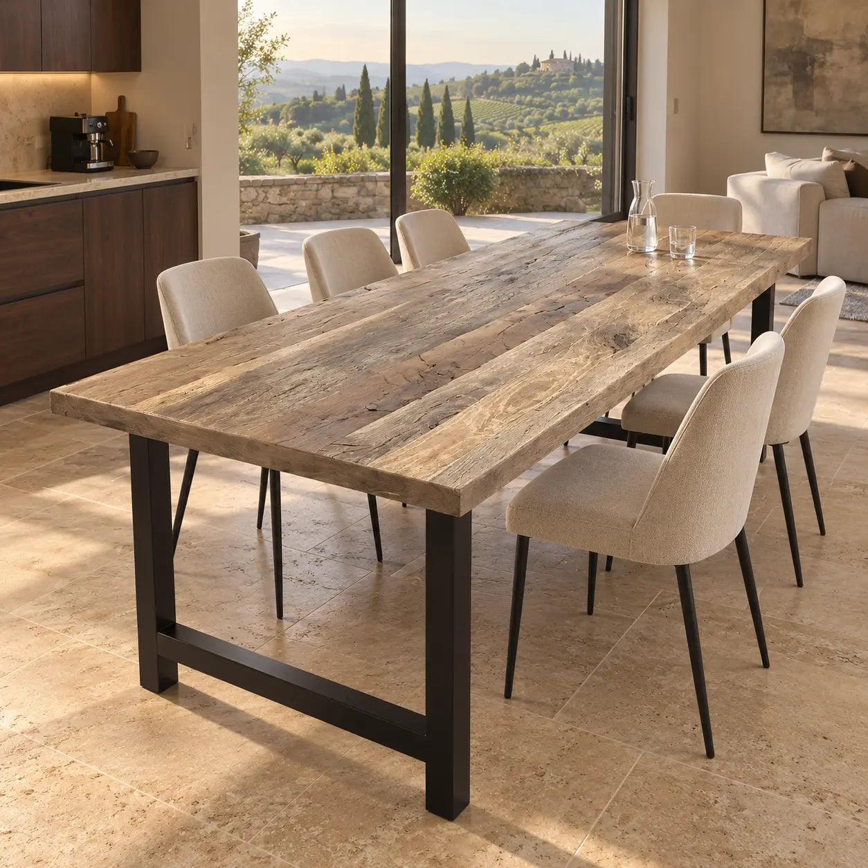 Table Toscane avec piètements en U et chaises claires devant une grande baie vitrée.