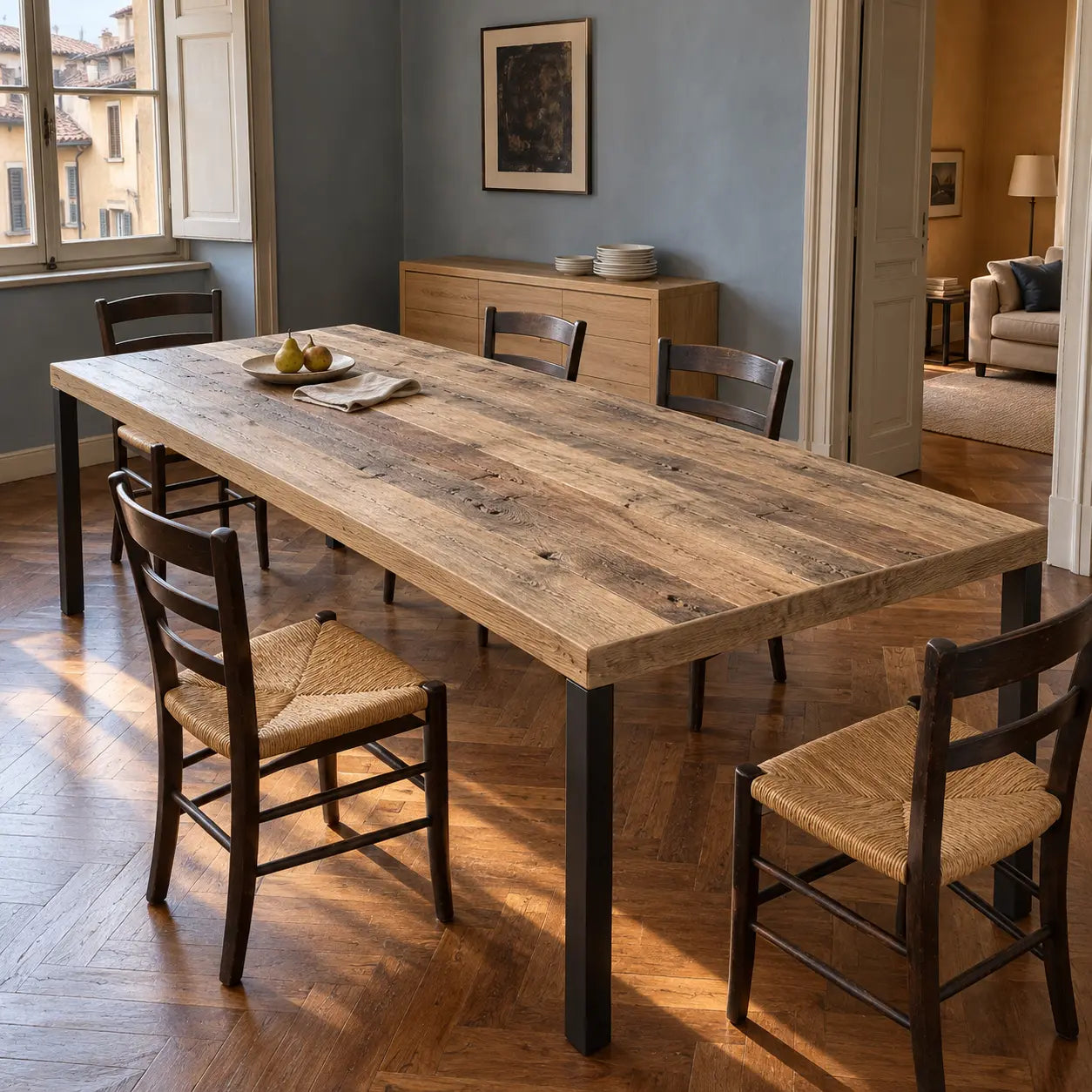 Table Toscane avec piètements noirs et chaises en bois à assise tressée, sur un parquet en chevrons.