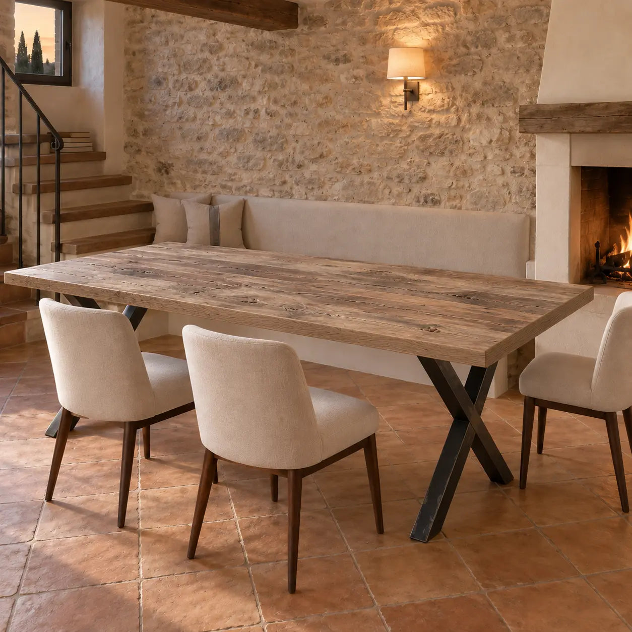 Table Toscane avec piètements en X, devant un mur en pierre et une cheminée éclairée.