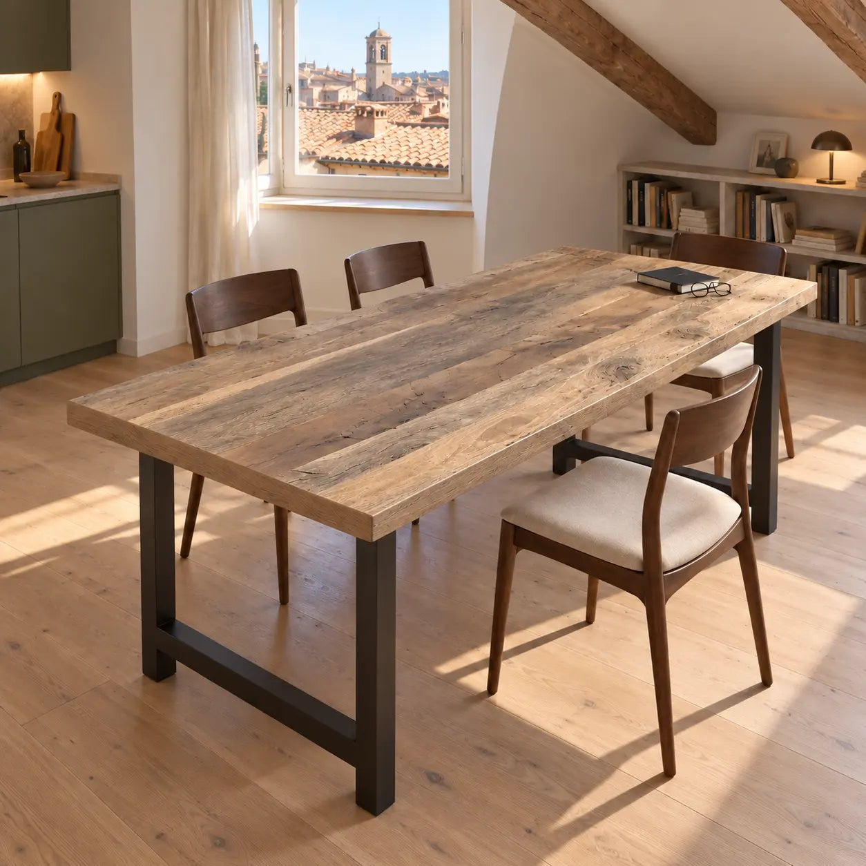 Table Toscane avec piètements en U dans une pièce mansardée aux poutres apparentes.