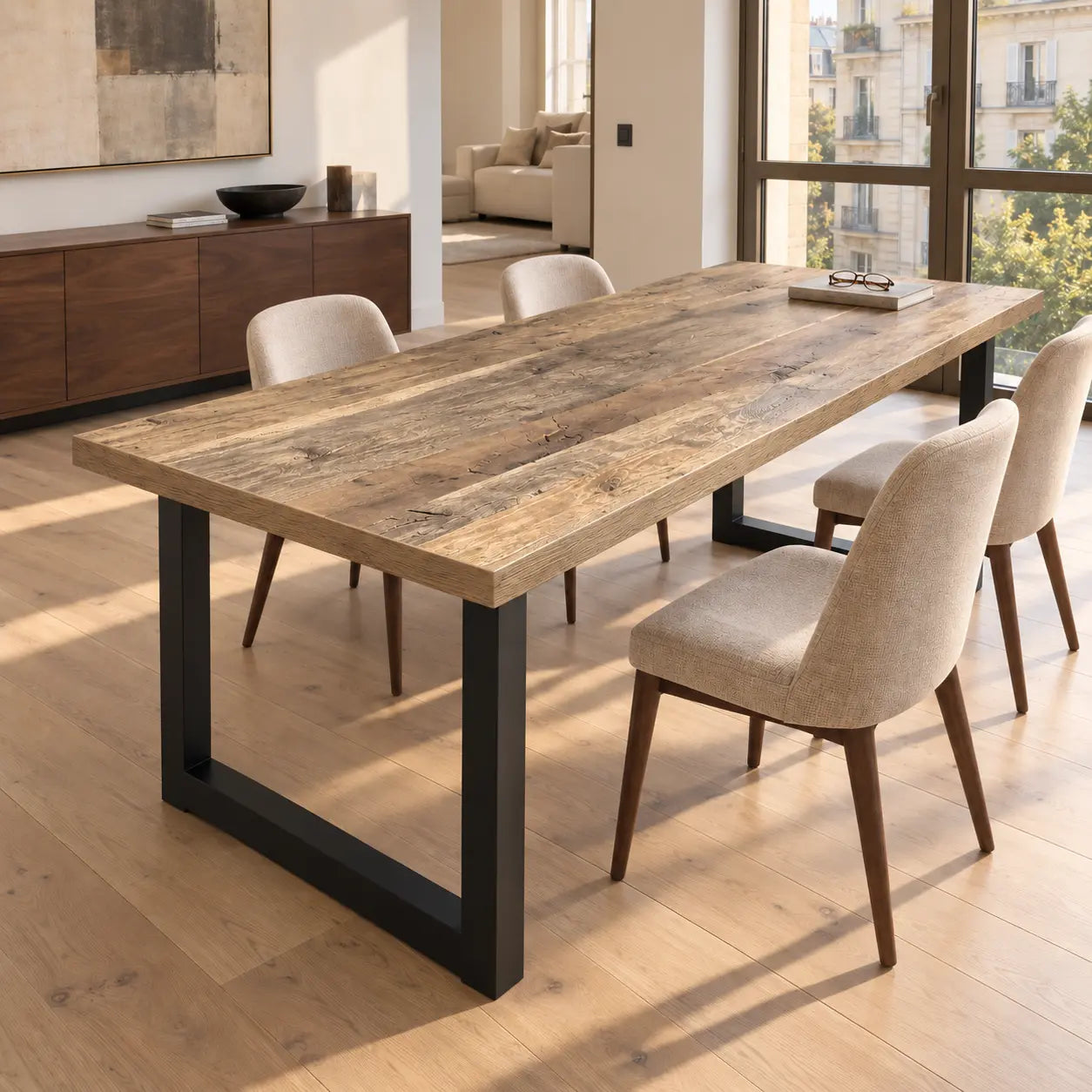 Table Toscane avec piètements en U et chaises claires près de fenêtres à cadres noirs.