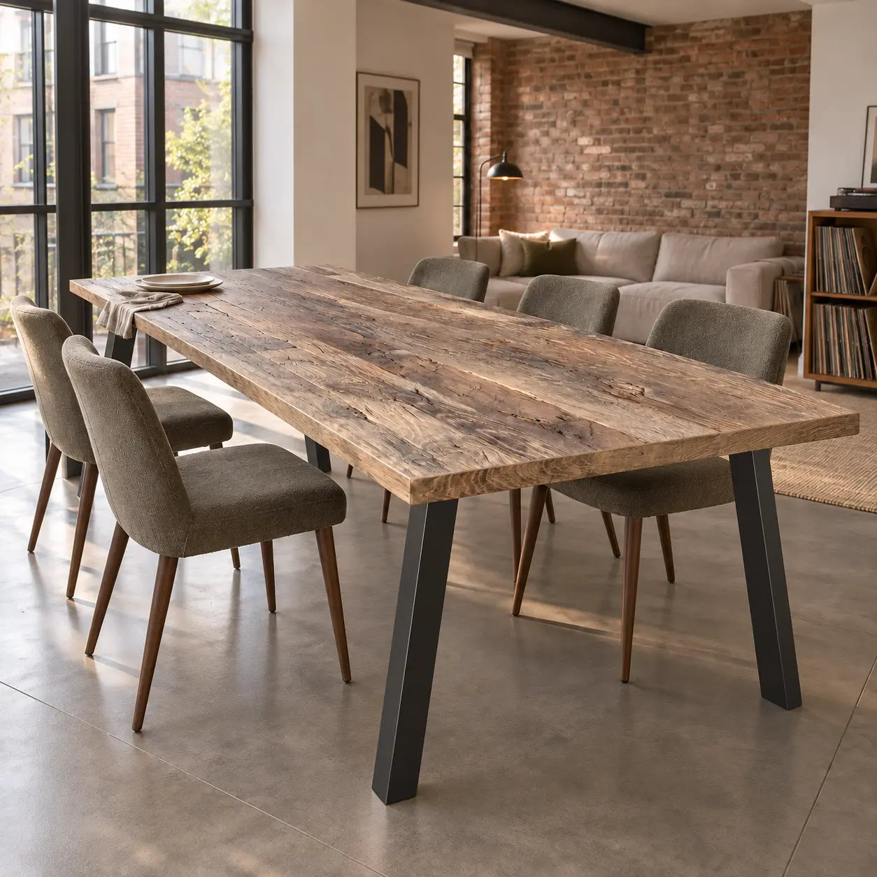 Table Toscane vue de trois quarts, avec plateau texturé et piètements noirs devant un mur en briques.