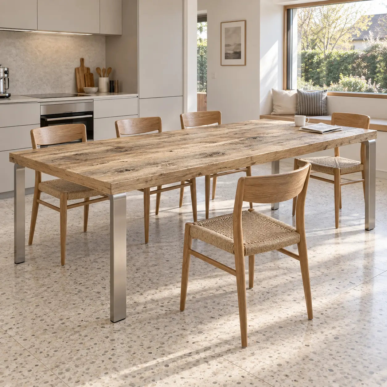 Table Toscane avec piètements métalliques clairs et chaises en bois dans une cuisine lumineuse.
