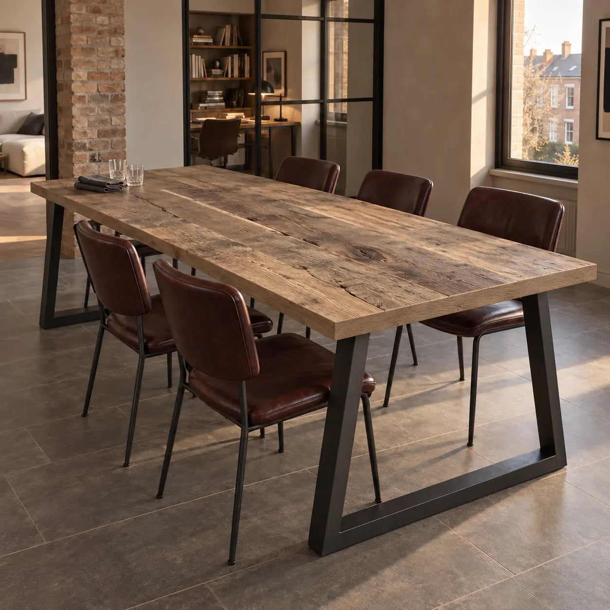 Table Toscane avec plateau en bois texturé et piètements noirs, devant une verrière intérieure.