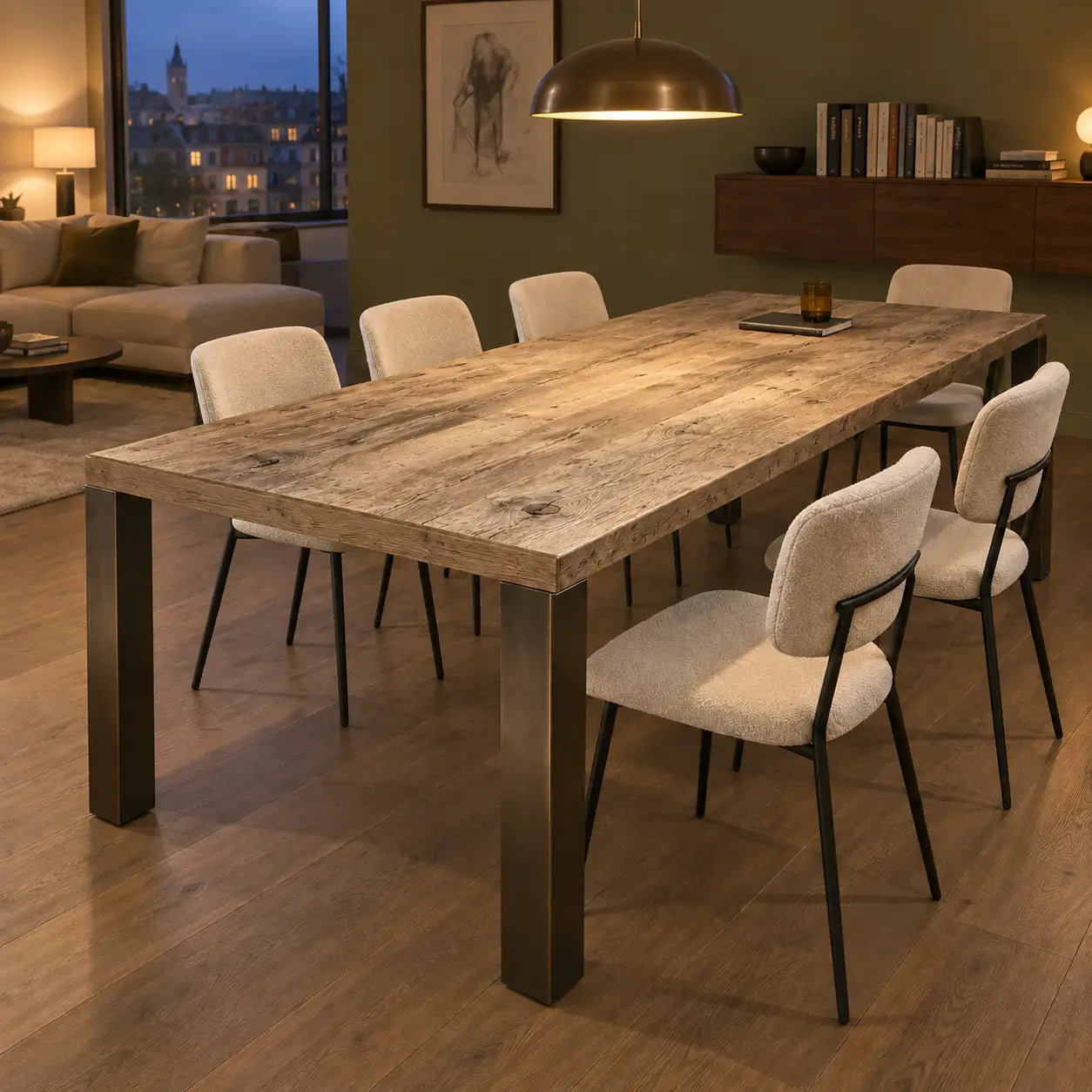 Table Toscane au plateau texturé, entourée de chaises claires sous une suspension allumée.